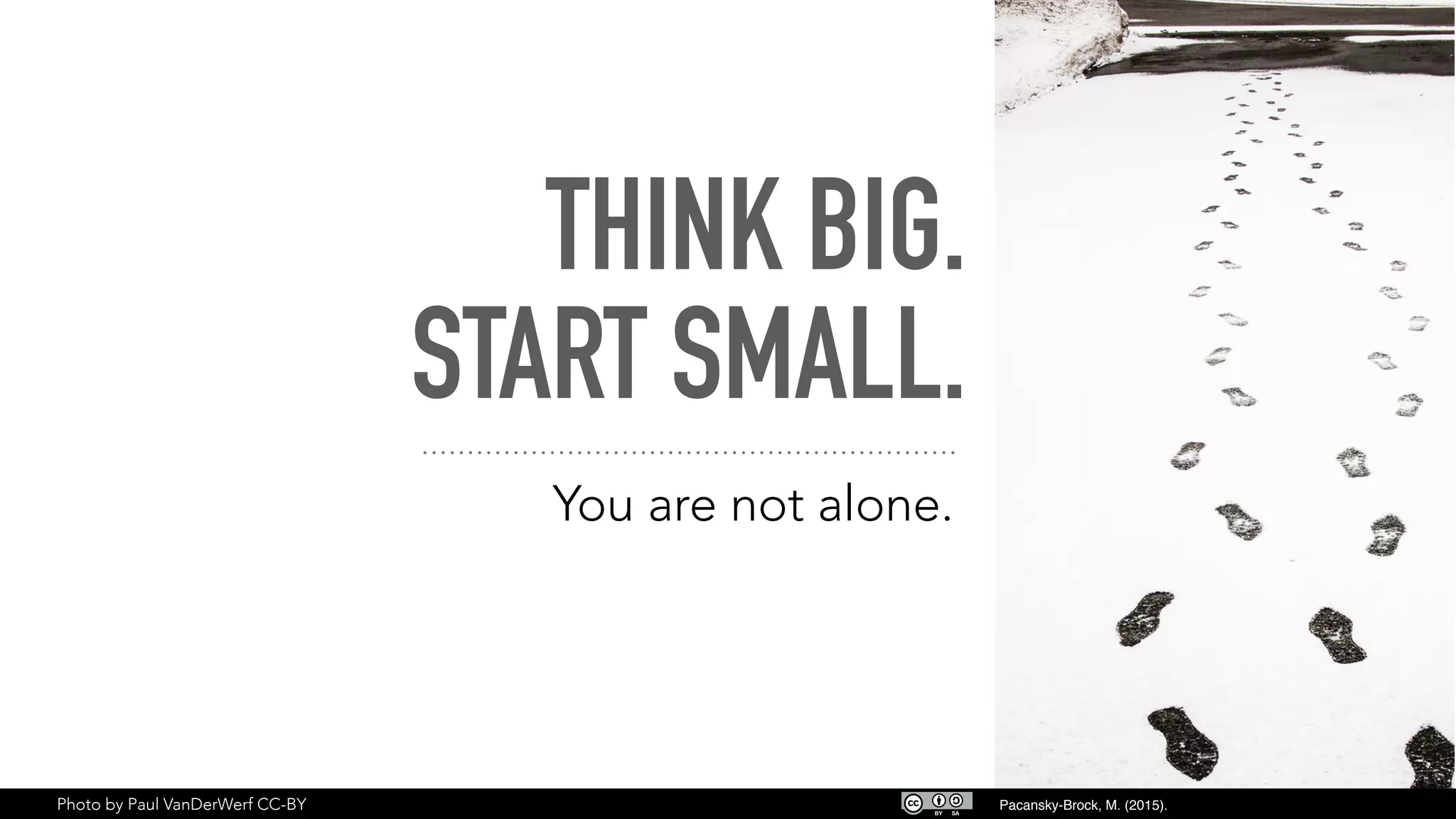 THINK BIG.
START SMALL.
You are not alone.
Photo by Paul VanDerWerf CC-BY Pacansky-Brock, M. (2015).
 