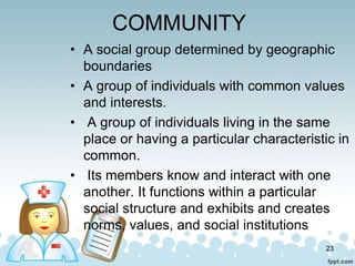 COMMUNITY
• A social group determined by geographic
boundaries
• A group of individuals with common values
and interests.
...