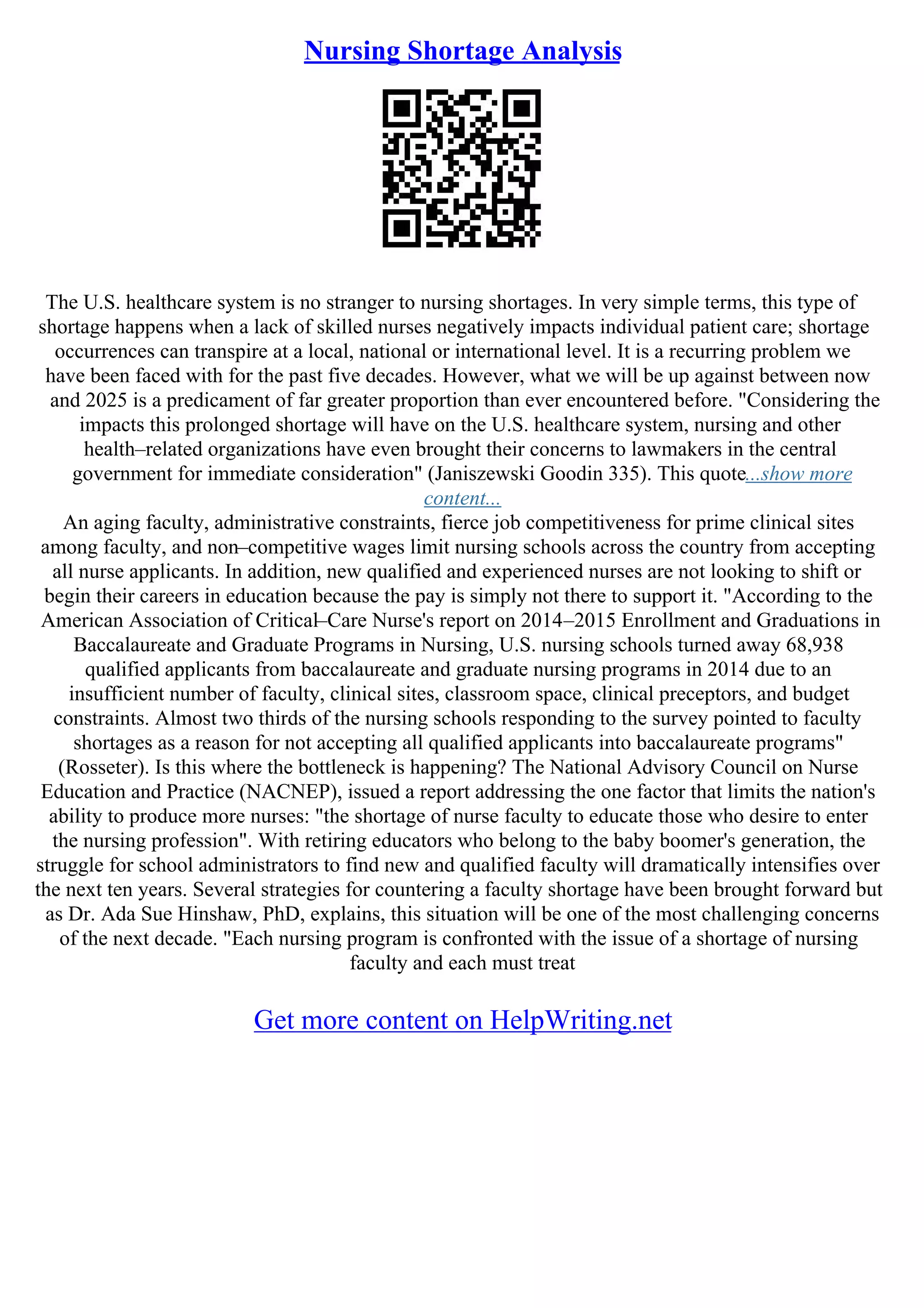 Nursing Shortage Essay | PDF