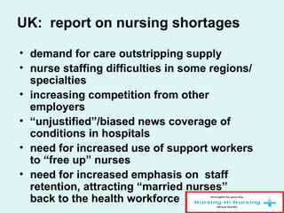 UK: report on nursing shortages
• demand for care outstripping supply
• nurse staffing difficulties in some regions/
specialties
• increasing competition from other
employers
• “unjustified”/biased news coverage of
conditions in hospitals
• need for increased use of support workers
to “free up” nurses
• need for increased emphasis on staff
retention, attracting “married nurses”
back to the health workforce
 