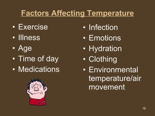 Factors Affecting Temperature Exercise Illness Age Time of day Medications Infection Emotions Hydration Clothing Environmental temperature/air movement 
