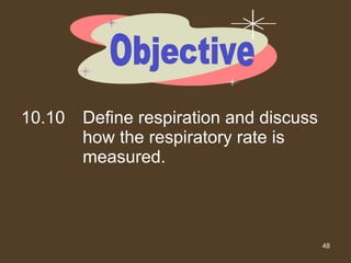 10.10 Define respiration and discuss how the respiratory rate is measured. Objective 