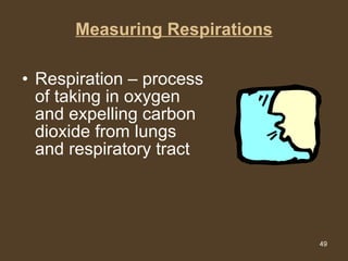 Measuring Respirations Respiration – process of taking in oxygen and expelling carbon dioxide from lungs and respiratory tract  