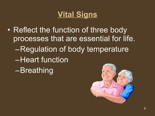 Vital Signs Reflect the function of three body processes that are essential for life. Regulation of body temperature Heart function Breathing 