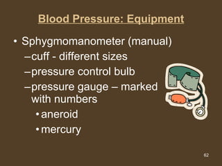 Blood Pressure: Equipment Sphygmomanometer (manual) cuff - different sizes pressure control bulb pressure gauge – marked with numbers aneroid mercury 