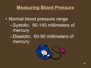 Measuring Blood Pressure Normal blood pressure range Systolic:  90-140 millimeters of mercury Diastolic:  60-90 millimeters of mercury 