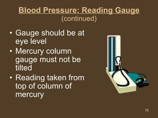 Blood Pressure: Reading Gauge (continued) Gauge should be at eye level Mercury column gauge must not be tilted Reading taken from top of column of mercury 300 280 260 240 220 200 180 160 140 120 100 80 60 40 20 290 270 250 230 210 190 170 150 130 110 90 70 50 30 10 