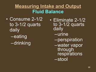 Measuring Intake and Output Fluid Balance Consume 2-1/2 to 3-1/2 quarts daily eating drinking Eliminate 2-1/2 to 3-1/2 quarts daily urine perspiration  water vapor through respirations stool 