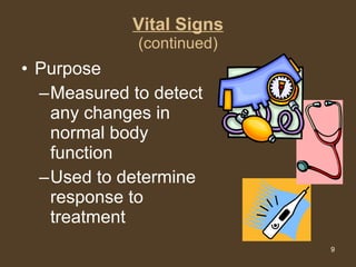 Vital Signs (continued) Purpose Measured to detect any changes in normal body function Used to determine response to treatment 