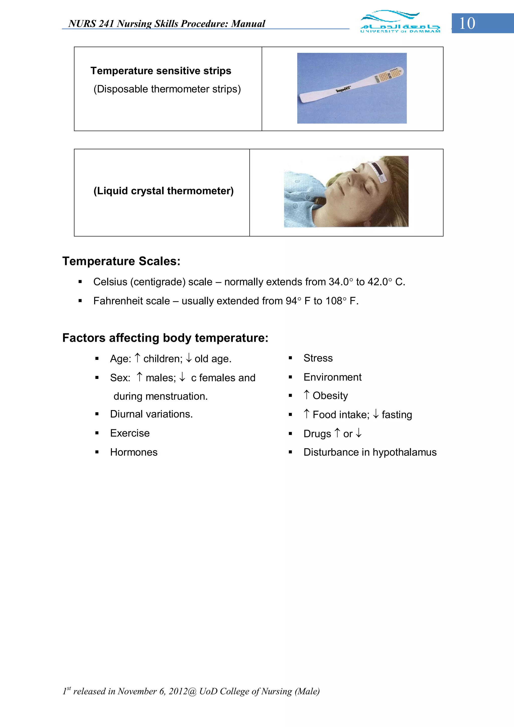 NURS 241 Nursing Skills Procedure: Manual                                               10

       Temperature sensitive strips
       (Disposable thermometer strips)




       (Liquid crystal thermometer)




Temperature Scales:
      Celsius (centigrade) scale – normally extends from 34.0 to 42.0 C.
      Fahrenheit scale – usually extended from 94 F to 108 F.


Factors affecting body temperature:
          Age:  children;  old age.                    Stress
          Sex:  males;  c females and                  Environment
            during menstruation.                           Obesity
          Diurnal variations.                             Food intake;  fasting
          Exercise                                       Drugs  or 
          Hormones                                       Disturbance in hypothalamus




1st released in November 6, 2012@ UoD College of Nursing (Male)
 