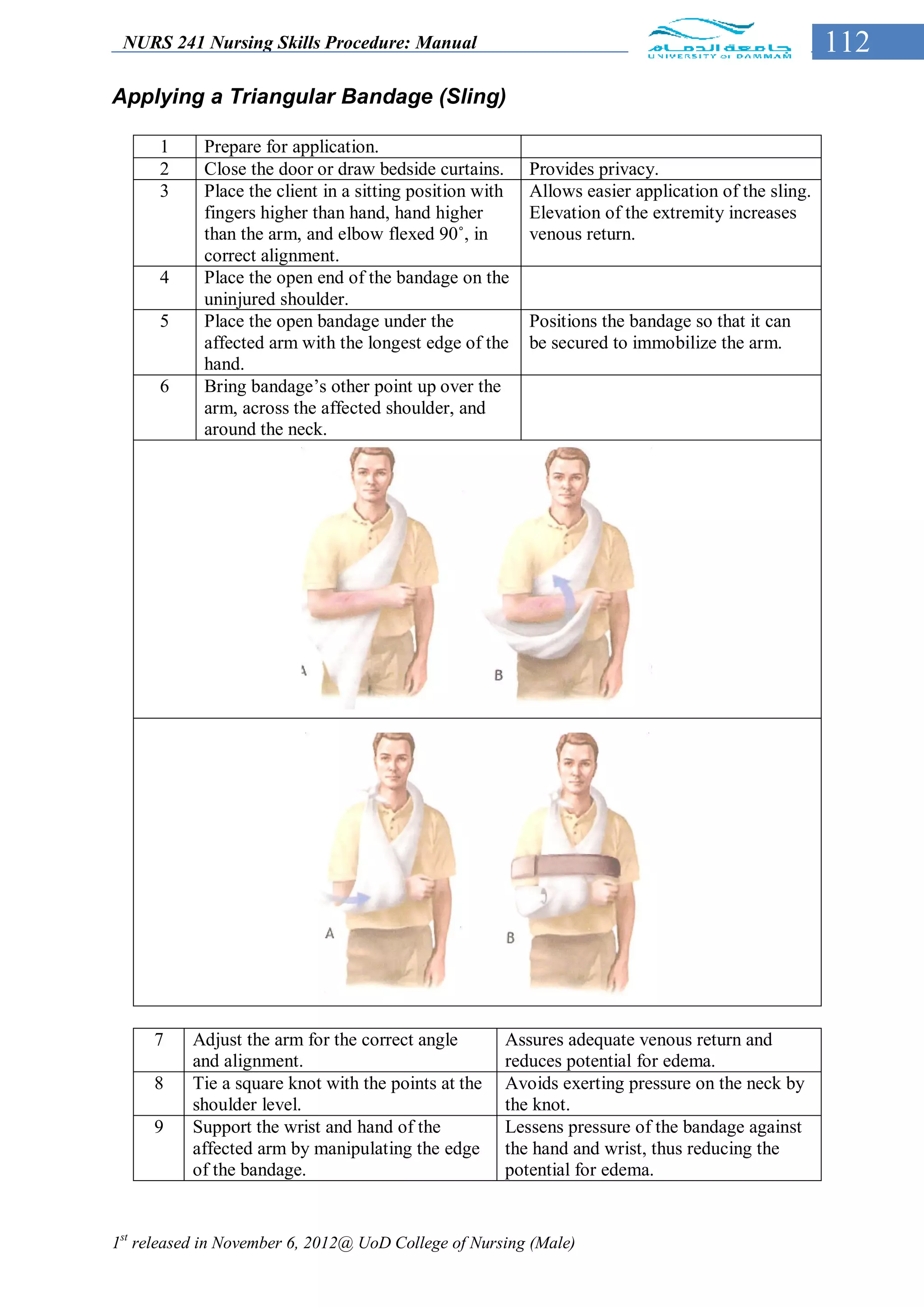 NURS 241 Nursing Skills Procedure: Manual                                                          112
Applying a Triangular Bandage (Sling)

      1     Prepare for application.
      2     Close the door or draw bedside curtains.      Provides privacy.
      3     Place the client in a sitting position with   Allows easier application of the sling.
            fingers higher than hand, hand higher         Elevation of the extremity increases
            than the arm, and elbow flexed 90˚, in        venous return.
            correct alignment.
      4     Place the open end of the bandage on the
            uninjured shoulder.
      5     Place the open bandage under the              Positions the bandage so that it can
            affected arm with the longest edge of the     be secured to immobilize the arm.
            hand.
      6     Bring bandage’s other point up over the
            arm, across the affected shoulder, and
            around the neck.




     7    Adjust the arm for the correct angle        Assures adequate venous return and
          and alignment.                              reduces potential for edema.
     8    Tie a square knot with the points at the    Avoids exerting pressure on the neck by
          shoulder level.                             the knot.
     9    Support the wrist and hand of the           Lessens pressure of the bandage against
          affected arm by manipulating the edge       the hand and wrist, thus reducing the
          of the bandage.                             potential for edema.


1st released in November 6, 2012@ UoD College of Nursing (Male)
 