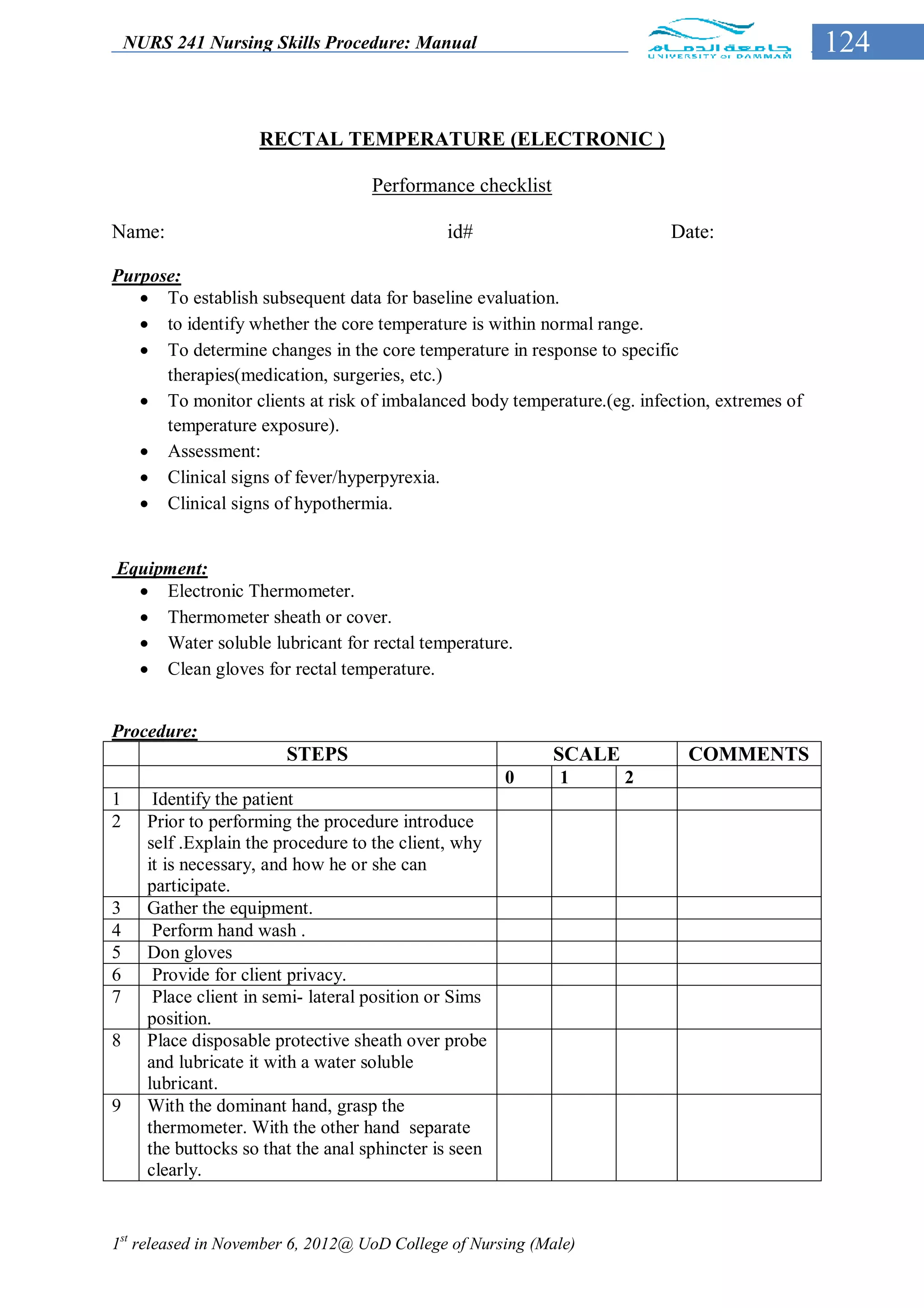 NURS 241 Nursing Skills Procedure: Manual                                                124


                     RECTAL TEMPERATURE (ELECTRONIC )

                                     Performance checklist

Name:                                          id#                       Date:

Purpose:
    To establish subsequent data for baseline evaluation.
    to identify whether the core temperature is within normal range.
    To determine changes in the core temperature in response to specific
      therapies(medication, surgeries, etc.)
    To monitor clients at risk of imbalanced body temperature.(eg. infection, extremes of
      temperature exposure).
    Assessment:
    Clinical signs of fever/hyperpyrexia.
    Clinical signs of hypothermia.


Equipment:
   Electronic Thermometer.
   Thermometer sheath or cover.
   Water soluble lubricant for rectal temperature.
   Clean gloves for rectal temperature.


Procedure:
                         STEPS                               SCALE         COMMENTS
                                                        0    1       2
1      Identify the patient
2     Prior to performing the procedure introduce
      self .Explain the procedure to the client, why
      it is necessary, and how he or she can
      participate.
3     Gather the equipment.
4      Perform hand wash .
5     Don gloves
6      Provide for client privacy.
7      Place client in semi- lateral position or Sims
      position.
8     Place disposable protective sheath over probe
      and lubricate it with a water soluble
      lubricant.
9     With the dominant hand, grasp the
      thermometer. With the other hand separate
      the buttocks so that the anal sphincter is seen
      clearly.


1st released in November 6, 2012@ UoD College of Nursing (Male)
 