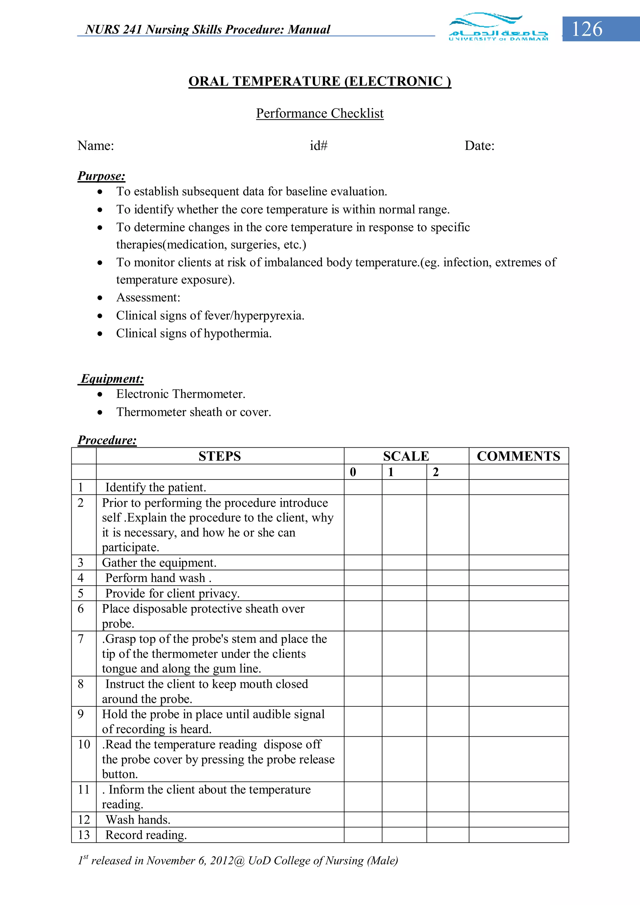 NURS 241 Nursing Skills Procedure: Manual                                                126

                       ORAL TEMPERATURE (ELECTRONIC )

                                    Performance Checklist

Name:                                          id#                      Date:

Purpose:
    To establish subsequent data for baseline evaluation.
    To identify whether the core temperature is within normal range.
    To determine changes in the core temperature in response to specific
      therapies(medication, surgeries, etc.)
    To monitor clients at risk of imbalanced body temperature.(eg. infection, extremes of
      temperature exposure).
    Assessment:
    Clinical signs of fever/hyperpyrexia.
    Clinical signs of hypothermia.


Equipment:
   Electronic Thermometer.
   Thermometer sheath or cover.

Procedure:
                         STEPS                             SCALE           COMMENTS
                                                       0    1      2
1      Identify the patient.
2     Prior to performing the procedure introduce
      self .Explain the procedure to the client, why
      it is necessary, and how he or she can
      participate.
3     Gather the equipment.
4      Perform hand wash .
5      Provide for client privacy.
6     Place disposable protective sheath over
      probe.
7     .Grasp top of the probe's stem and place the
      tip of the thermometer under the clients
      tongue and along the gum line.
8      Instruct the client to keep mouth closed
      around the probe.
9     Hold the probe in place until audible signal
      of recording is heard.
10    .Read the temperature reading dispose off
      the probe cover by pressing the probe release
      button.
11    . Inform the client about the temperature
      reading.
12     Wash hands.
13     Record reading.
1st released in November 6, 2012@ UoD College of Nursing (Male)
 