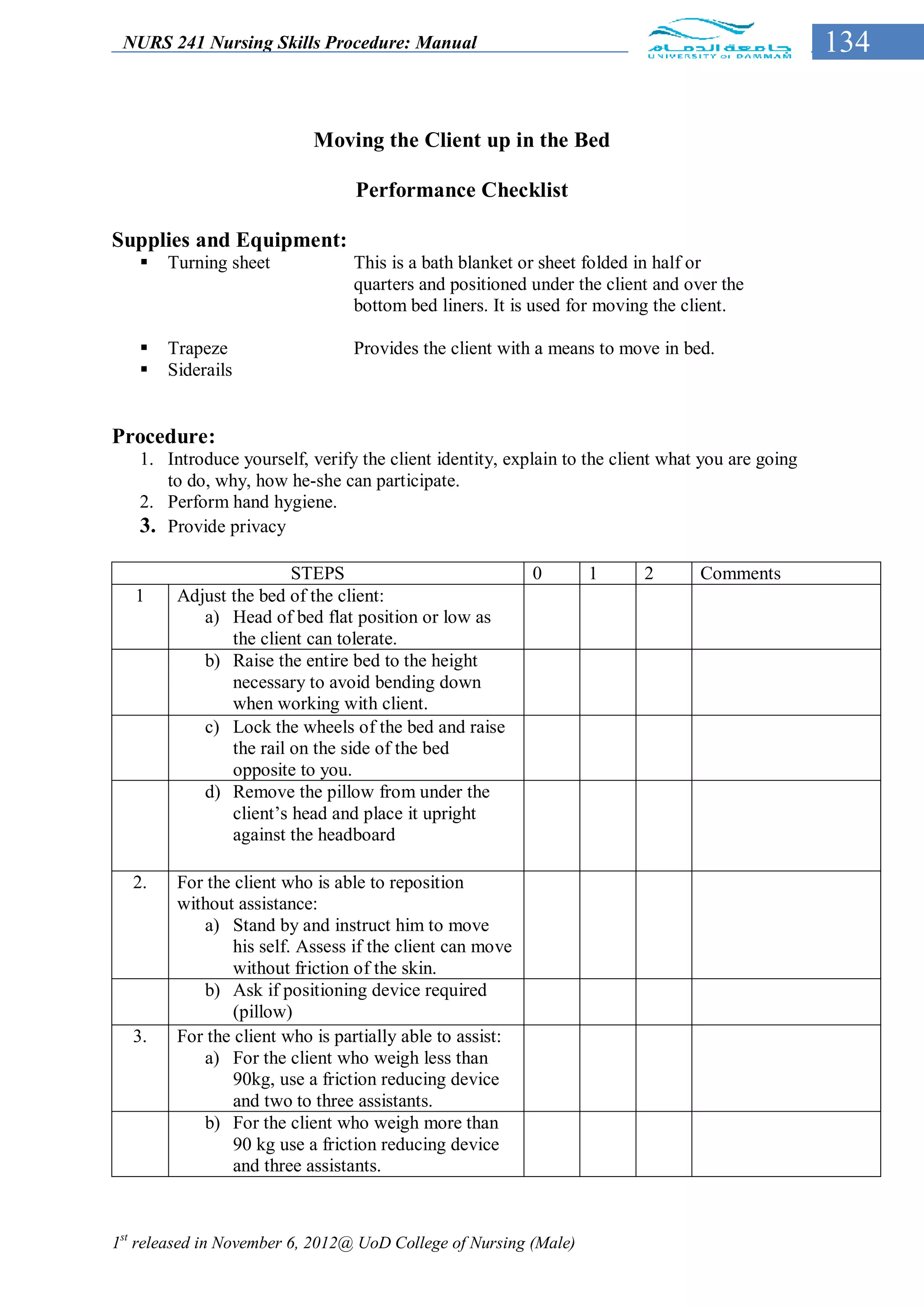 NURS 241 Nursing Skills Procedure: Manual                                                       134


                           Moving the Client up in the Bed

                                 Performance Checklist

Supplies and Equipment:
      Turning sheet            This is a bath blanket or sheet folded in half or
                                quarters and positioned under the client and over the
                                bottom bed liners. It is used for moving the client.

      Trapeze                  Provides the client with a means to move in bed.
      Siderails


Procedure:
   1. Introduce yourself, verify the client identity, explain to the client what you are going
      to do, why, how he-she can participate.
   2. Perform hand hygiene.
   3. Provide privacy

                        STEPS                             0       1     2       Comments
   1    Adjust the bed of the client:
           a) Head of bed flat position or low as
               the client can tolerate.
           b) Raise the entire bed to the height
               necessary to avoid bending down
               when working with client.
           c) Lock the wheels of the bed and raise
               the rail on the side of the bed
               opposite to you.
           d) Remove the pillow from under the
               client’s head and place it upright
               against the headboard

  2.    For the client who is able to reposition
        without assistance:
           a) Stand by and instruct him to move
                his self. Assess if the client can move
                without friction of the skin.
           b) Ask if positioning device required
                (pillow)
  3.    For the client who is partially able to assist:
           a) For the client who weigh less than
                90kg, use a friction reducing device
                and two to three assistants.
           b) For the client who weigh more than
                90 kg use a friction reducing device
                and three assistants.



1st released in November 6, 2012@ UoD College of Nursing (Male)
 