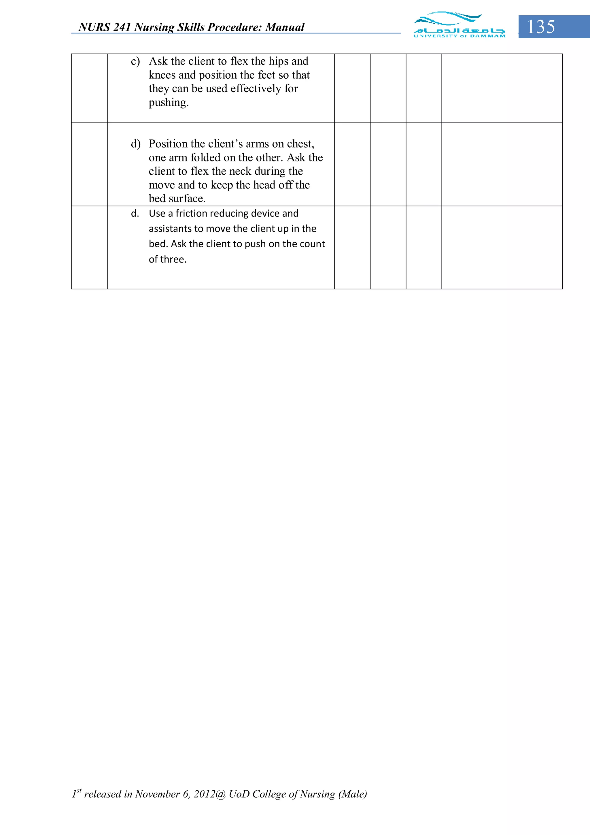 NURS 241 Nursing Skills Procedure: Manual                        135
            c) Ask the client to flex the hips and
               knees and position the feet so that
               they can be used effectively for
               pushing.


            d) Position the client’s arms on chest,
               one arm folded on the other. Ask the
               client to flex the neck during the
               move and to keep the head off the
               bed surface.
            d. Use a friction reducing device and
               assistants to move the client up in the
               bed. Ask the client to push on the count
               of three.




1st released in November 6, 2012@ UoD College of Nursing (Male)
 