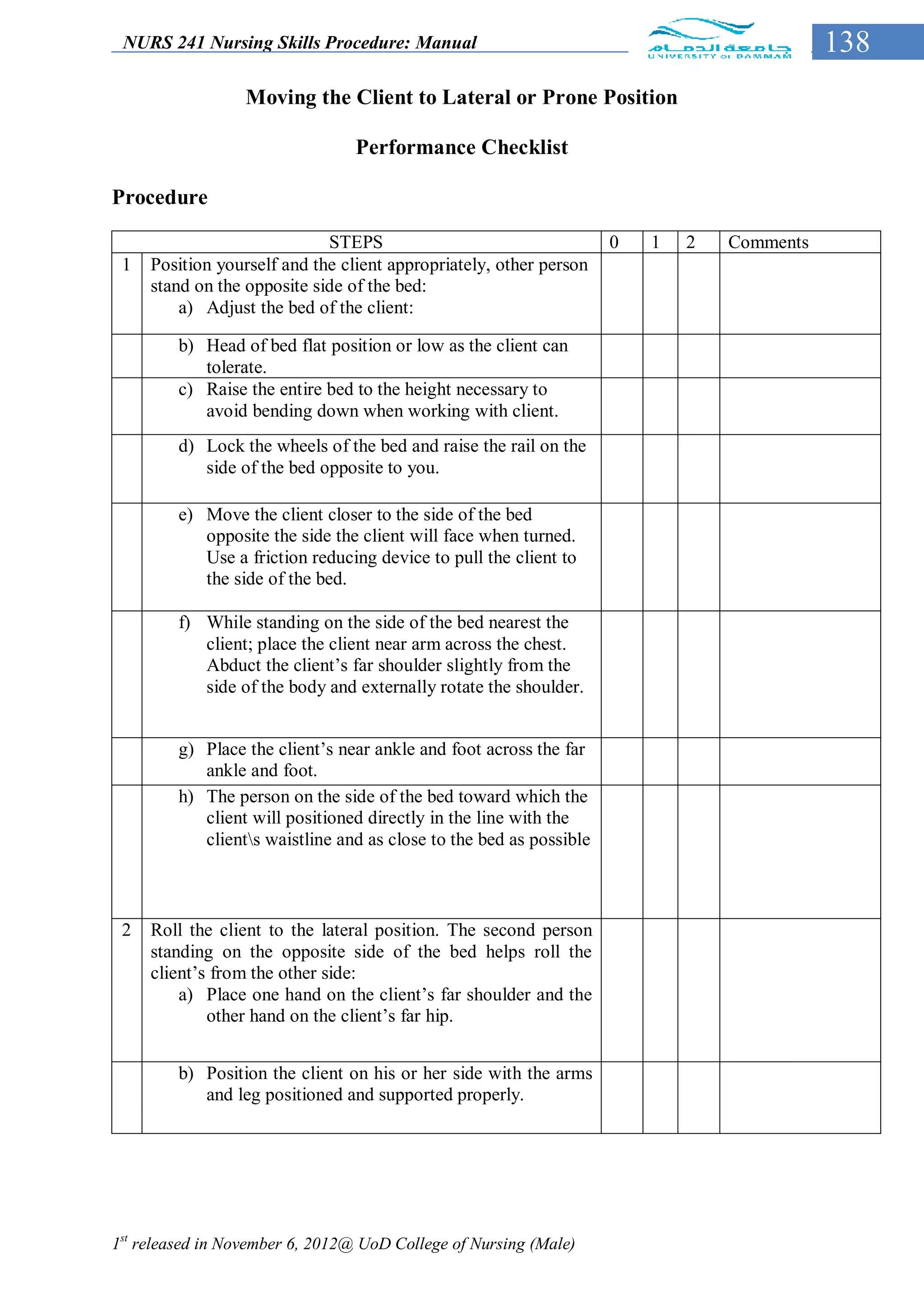 NURS 241 Nursing Skills Procedure: Manual                                                  138
                  Moving the Client to Lateral or Prone Position

                                 Performance Checklist

Procedure

                             STEPS                                   0   1   2   Comments
 1   Position yourself and the client appropriately, other person
     stand on the opposite side of the bed:
         a) Adjust the bed of the client:

         b) Head of bed flat position or low as the client can
            tolerate.
         c) Raise the entire bed to the height necessary to
            avoid bending down when working with client.
         d) Lock the wheels of the bed and raise the rail on the
            side of the bed opposite to you.

         e) Move the client closer to the side of the bed
            opposite the side the client will face when turned.
            Use a friction reducing device to pull the client to
            the side of the bed.

         f) While standing on the side of the bed nearest the
            client; place the client near arm across the chest.
            Abduct the client’s far shoulder slightly from the
            side of the body and externally rotate the shoulder.


         g) Place the client’s near ankle and foot across the far
            ankle and foot.
         h) The person on the side of the bed toward which the
            client will positioned directly in the line with the
            clients waistline and as close to the bed as possible



 2   Roll the client to the lateral position. The second person
     standing on the opposite side of the bed helps roll the
     client’s from the other side:
         a) Place one hand on the client’s far shoulder and the
             other hand on the client’s far hip.


         b) Position the client on his or her side with the arms
            and leg positioned and supported properly.




1st released in November 6, 2012@ UoD College of Nursing (Male)
 