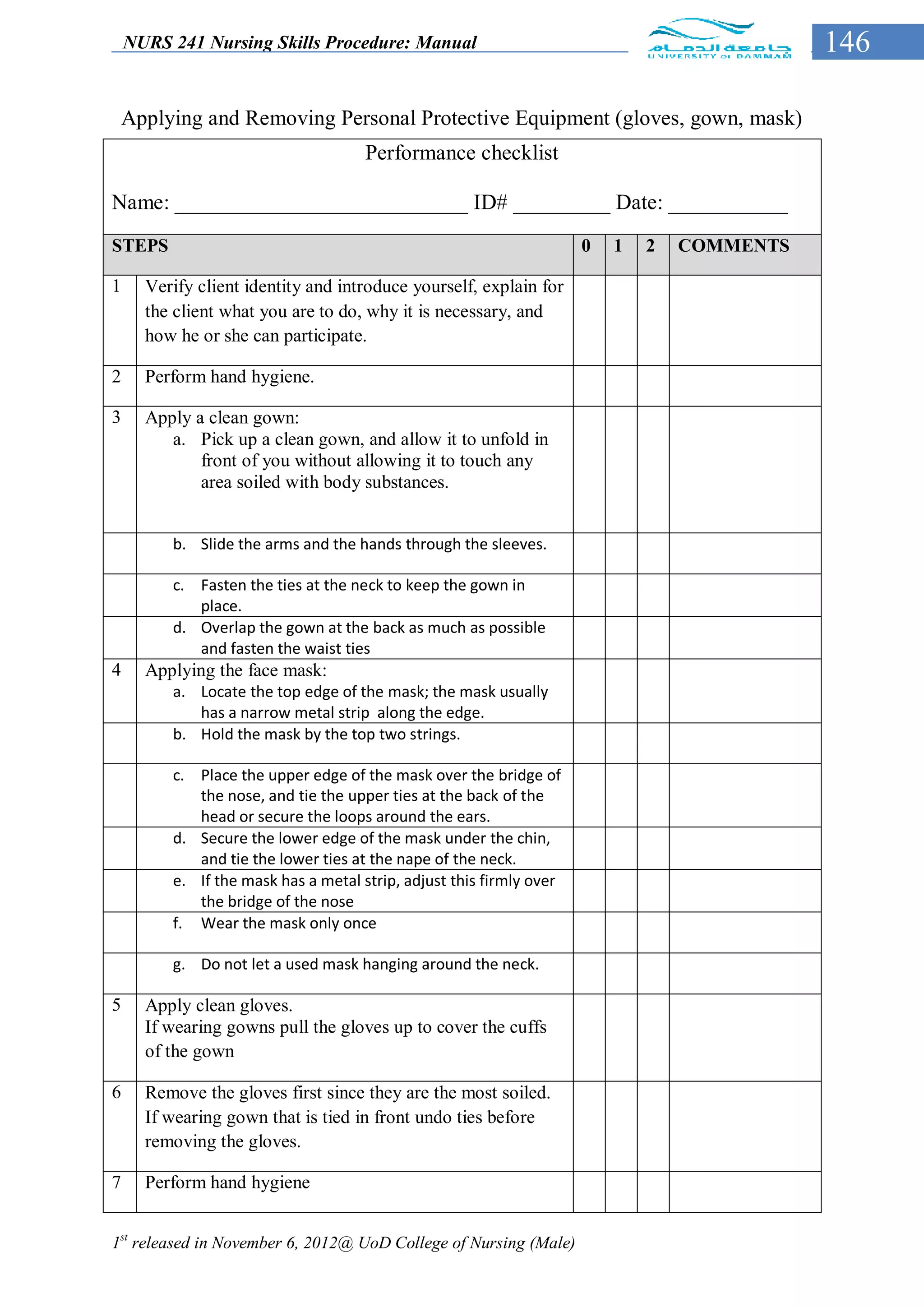 NURS 241 Nursing Skills Procedure: Manual                                               146

 Applying and Removing Personal Protective Equipment (gloves, gown, mask)
                                     Performance checklist

Name: ___________________________ ID# _________ Date: ___________
STEPS                                                                0   1   2   COMMENTS

1     Verify client identity and introduce yourself, explain for
      the client what you are to do, why it is necessary, and
      how he or she can participate.

2     Perform hand hygiene.

3     Apply a clean gown:
         a. Pick up a clean gown, and allow it to unfold in
             front of you without allowing it to touch any
             area soiled with body substances.


         b. Slide the arms and the hands through the sleeves.

         c. Fasten the ties at the neck to keep the gown in
            place.
         d. Overlap the gown at the back as much as possible
            and fasten the waist ties
4     Applying the face mask:
         a. Locate the top edge of the mask; the mask usually
            has a narrow metal strip along the edge.
         b. Hold the mask by the top two strings.

         c. Place the upper edge of the mask over the bridge of
            the nose, and tie the upper ties at the back of the
            head or secure the loops around the ears.
         d. Secure the lower edge of the mask under the chin,
            and tie the lower ties at the nape of the neck.
         e. If the mask has a metal strip, adjust this firmly over
            the bridge of the nose
         f. Wear the mask only once

         g. Do not let a used mask hanging around the neck.

5     Apply clean gloves.
      If wearing gowns pull the gloves up to cover the cuffs
      of the gown

6     Remove the gloves first since they are the most soiled.
      If wearing gown that is tied in front undo ties before
      removing the gloves.

7     Perform hand hygiene


1st released in November 6, 2012@ UoD College of Nursing (Male)
 