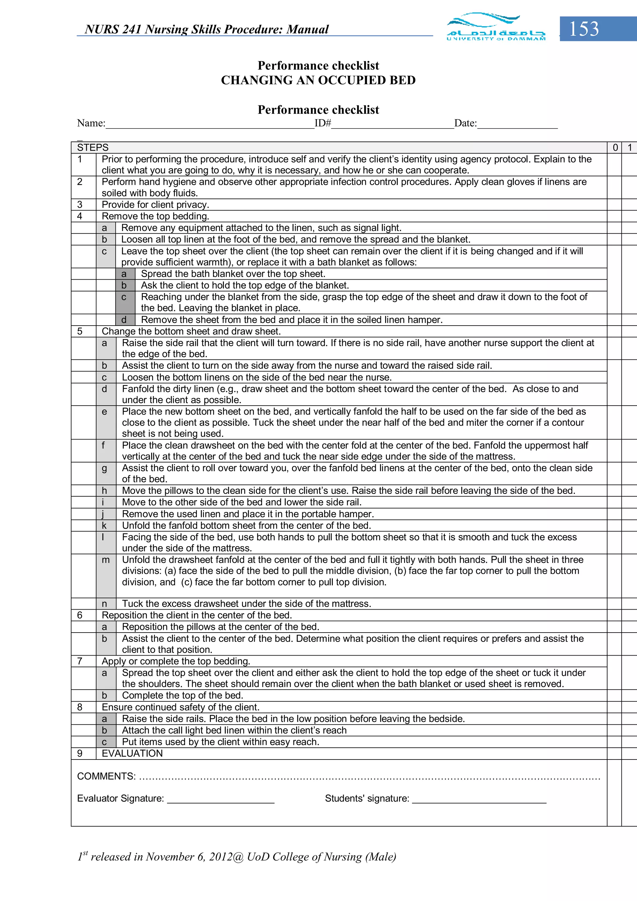 NURS 241 Nursing Skills Procedure: Manual                                                                             153
                                       Performance checklist
                                   CHANGING AN OCCUPIED BED

                                            Performance checklist
Name:_______________________________________ID#_______________________Date:_______________
_
STEPS                                                                                                                               0 1
1   Prior to performing the procedure, introduce self and verify the client’s identity using agency protocol. Explain to the
    client what you are going to do, why it is necessary, and how he or she can cooperate.
2   Perform hand hygiene and observe other appropriate infection control procedures. Apply clean gloves if linens are
    soiled with body fluids.
3   Provide for client privacy.
4   Remove the top bedding.
    a Remove any equipment attached to the linen, such as signal light.
    b Loosen all top linen at the foot of the bed, and remove the spread and the blanket.
    c    Leave the top sheet over the client (the top sheet can remain over the client if it is being changed and if it will
         provide sufficient warmth), or replace it with a bath blanket as follows:
         a Spread the bath blanket over the top sheet.
         b Ask the client to hold the top edge of the blanket.
         c    Reaching under the blanket from the side, grasp the top edge of the sheet and draw it down to the foot of
              the bed. Leaving the blanket in place.
         d Remove the sheet from the bed and place it in the soiled linen hamper.
5   Change the bottom sheet and draw sheet.
    a    Raise the side rail that the client will turn toward. If there is no side rail, have another nurse support the client at
         the edge of the bed.
    b    Assist the client to turn on the side away from the nurse and toward the raised side rail.
    c    Loosen the bottom linens on the side of the bed near the nurse.
    d    Fanfold the dirty linen (e.g., draw sheet and the bottom sheet toward the center of the bed. As close to and
         under the client as possible.
    e    Place the new bottom sheet on the bed, and vertically fanfold the half to be used on the far side of the bed as
         close to the client as possible. Tuck the sheet under the near half of the bed and miter the corner if a contour
         sheet is not being used.
    f    Place the clean drawsheet on the bed with the center fold at the center of the bed. Fanfold the uppermost half
         vertically at the center of the bed and tuck the near side edge under the side of the mattress.
    g    Assist the client to roll over toward you, over the fanfold bed linens at the center of the bed, onto the clean side
         of the bed.
    h    Move the pillows to the clean side for the client’s use. Raise the side rail before leaving the side of the bed.
    i    Move to the other side of the bed and lower the side rail.
    j    Remove the used linen and place it in the portable hamper.
    k    Unfold the fanfold bottom sheet from the center of the bed.
    l    Facing the side of the bed, use both hands to pull the bottom sheet so that it is smooth and tuck the excess
         under the side of the mattress.
    m Unfold the drawsheet fanfold at the center of the bed and full it tightly with both hands. Pull the sheet in three
         divisions: (a) face the side of the bed to pull the middle division, (b) face the far top corner to pull the bottom
         division, and (c) face the far bottom corner to pull top division.

      n   Tuck the excess drawsheet under the side of the mattress.
6     Reposition the client in the center of the bed.
      a   Reposition the pillows at the center of the bed.
      b   Assist the client to the center of the bed. Determine what position the client requires or prefers and assist the
          client to that position.
7     Apply or complete the top bedding.
      a   Spread the top sheet over the client and either ask the client to hold the top edge of the sheet or tuck it under
          the shoulders. The sheet should remain over the client when the bath blanket or used sheet is removed.
      b   Complete the top of the bed.
8     Ensure continued safety of the client.
      a   Raise the side rails. Place the bed in the low position before leaving the bedside.
      b   Attach the call light bed linen within the client’s reach
      c   Put items used by the client within easy reach.
9     EVALUATION

COMMENTS: ………………………………………………………………………………………………………………………………

Evaluator Signature: ____________________                    Students' signature: _________________________




1st released in November 6, 2012@ UoD College of Nursing (Male)
 