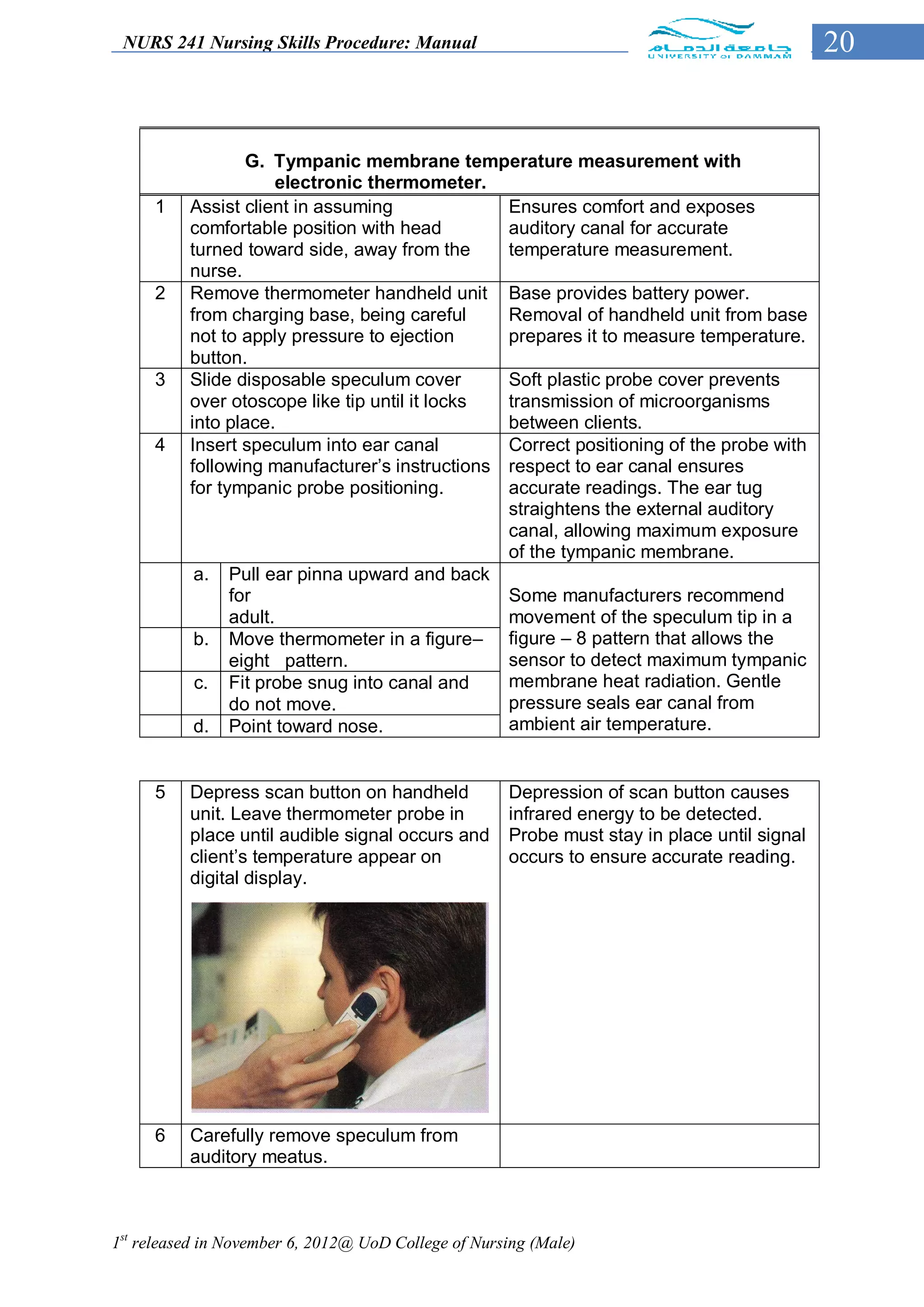 NURS 241 Nursing Skills Procedure: Manual                                                   20


                  G. Tympanic membrane temperature measurement with
                       electronic thermometer.
     1    Assist client in assuming             Ensures comfort and exposes
          comfortable position with head        auditory canal for accurate
          turned toward side, away from the     temperature measurement.
          nurse.
     2    Remove thermometer handheld unit Base provides battery power.
          from charging base, being careful     Removal of handheld unit from base
          not to apply pressure to ejection     prepares it to measure temperature.
          button.
     3    Slide disposable speculum cover       Soft plastic probe cover prevents
          over otoscope like tip until it locks transmission of microorganisms
          into place.                           between clients.
     4    Insert speculum into ear canal        Correct positioning of the probe with
          following manufacturer’s instructions respect to ear canal ensures
          for tympanic probe positioning.       accurate readings. The ear tug
                                                straightens the external auditory
                                                canal, allowing maximum exposure
                                                of the tympanic membrane.
           a. Pull ear pinna upward and back
                for                             Some manufacturers recommend
                adult.                          movement of the speculum tip in a
           b. Move thermometer in a figure– figure – 8 pattern that allows the
                eight pattern.                  sensor to detect maximum tympanic
           c. Fit probe snug into canal and     membrane heat radiation. Gentle
                do not move.                    pressure seals ear canal from
           d. Point toward nose.                ambient air temperature.


     5    Depress scan button on handheld            Depression of scan button causes
          unit. Leave thermometer probe in           infrared energy to be detected.
          place until audible signal occurs and      Probe must stay in place until signal
          client’s temperature appear on             occurs to ensure accurate reading.
          digital display.




     6    Carefully remove speculum from
          auditory meatus.



1st released in November 6, 2012@ UoD College of Nursing (Male)
 