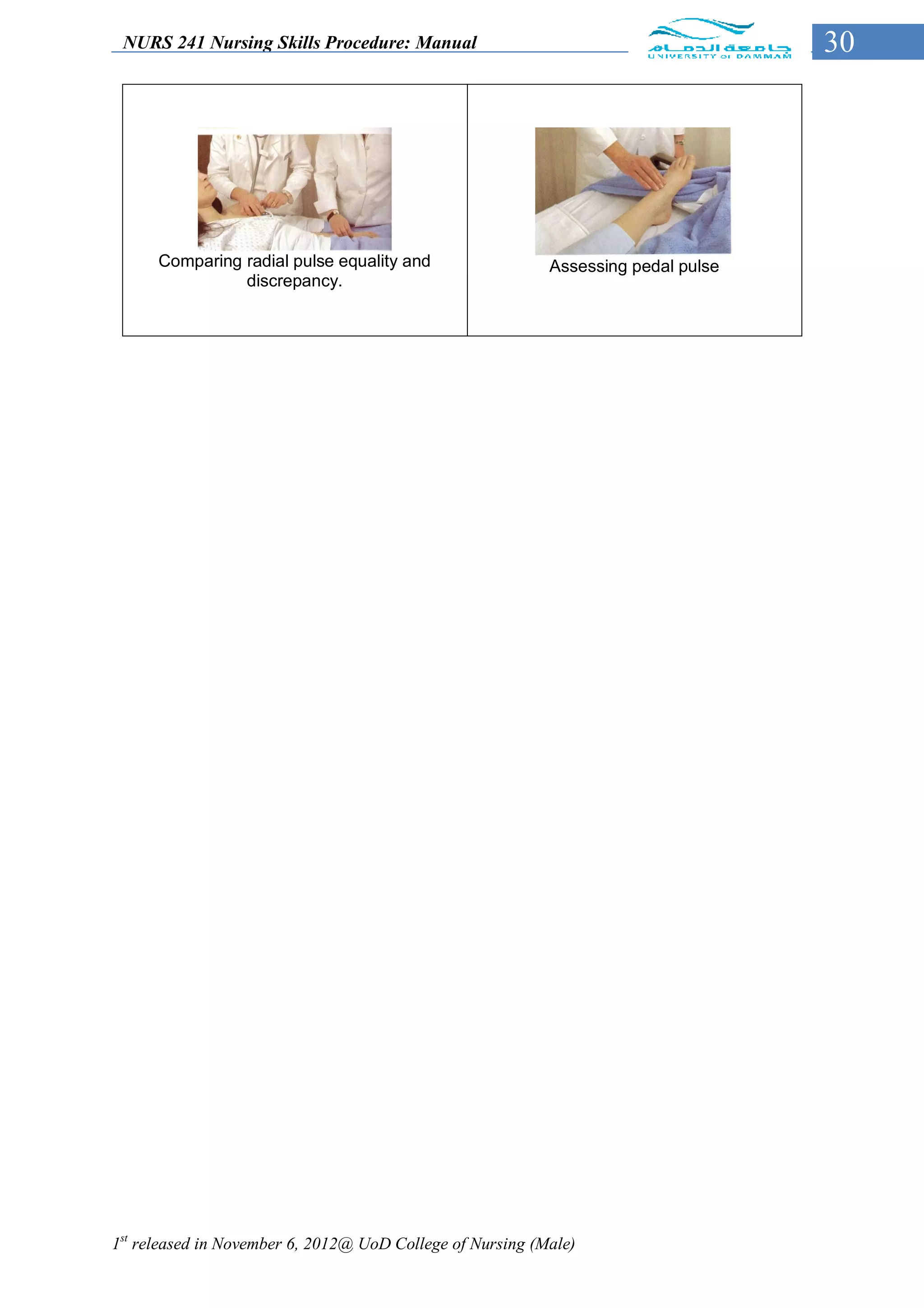 NURS 241 Nursing Skills Procedure: Manual                                         30




      Comparing radial pulse equality and                  Assessing pedal pulse
                discrepancy.




1st released in November 6, 2012@ UoD College of Nursing (Male)
 