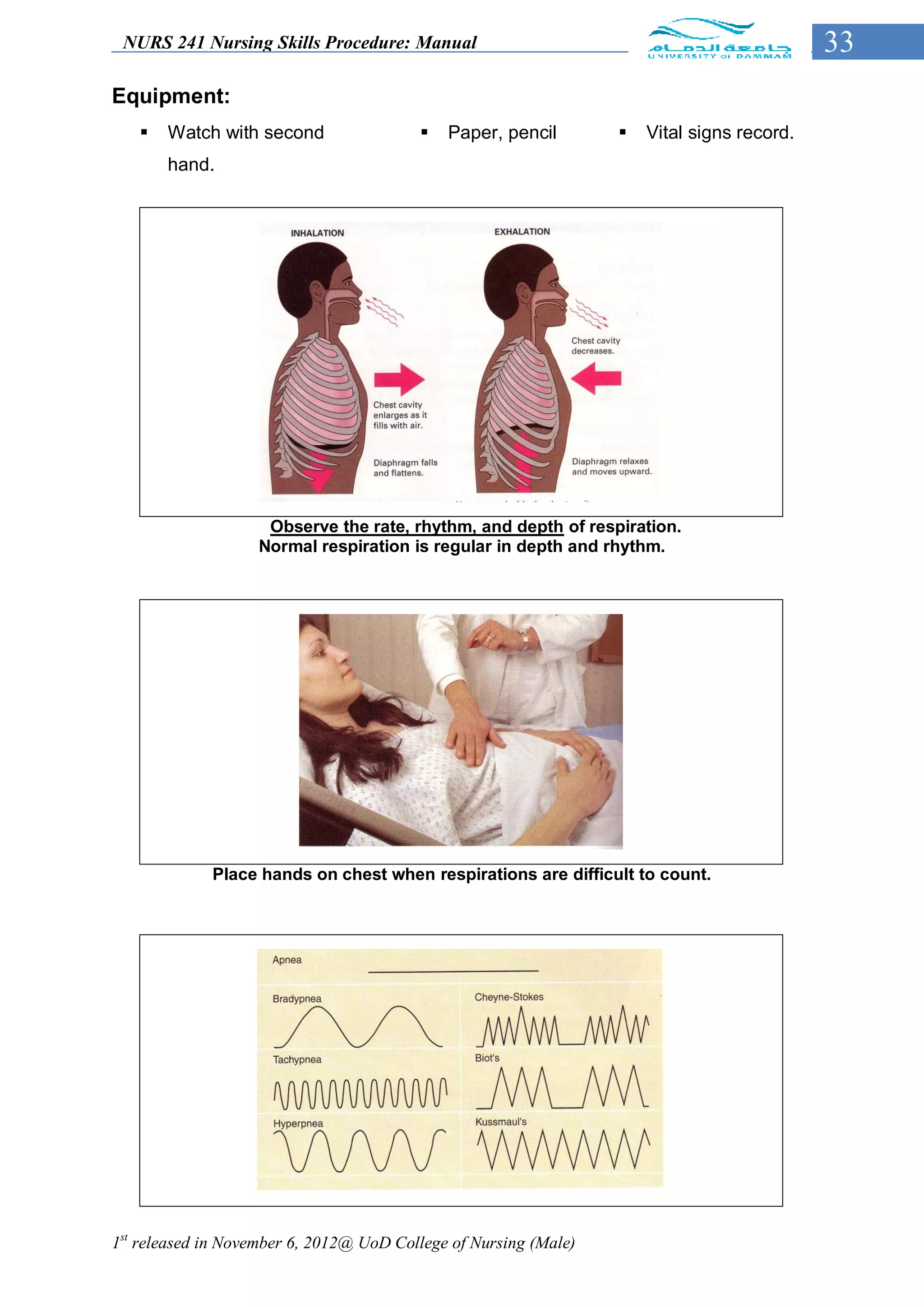 NURS 241 Nursing Skills Procedure: Manual                                                  33
Equipment:
      Watch with second                    Paper, pencil           Vital signs record.
       hand.




                    Observe the rate, rhythm, and depth of respiration.
                   Normal respiration is regular in depth and rhythm.




             Place hands on chest when respirations are difficult to count.




1st released in November 6, 2012@ UoD College of Nursing (Male)
 