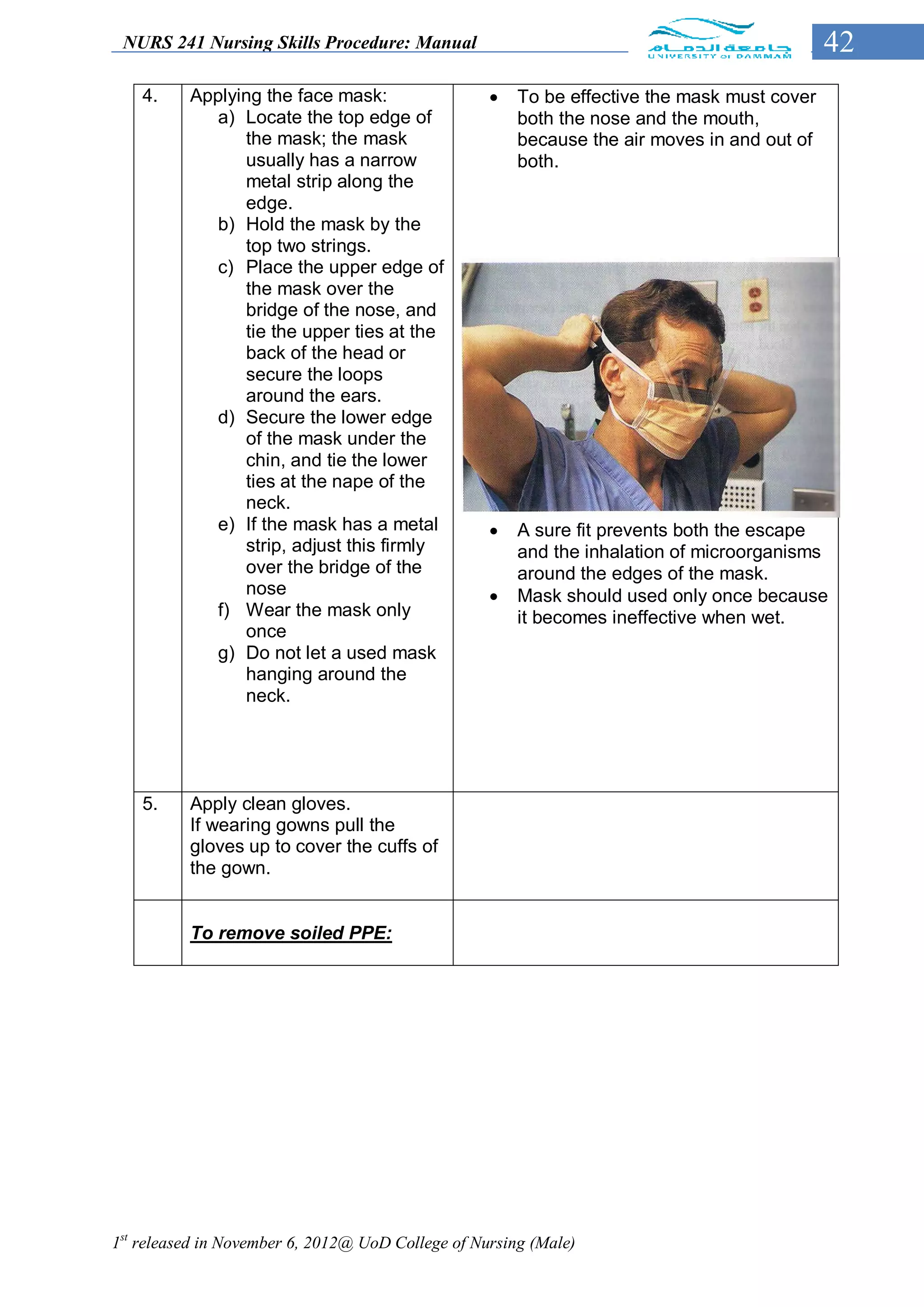 NURS 241 Nursing Skills Procedure: Manual                                                   42
    4.    Applying the face mask:                     To be effective the mask must cover
             a) Locate the top edge of                 both the nose and the mouth,
                the mask; the mask                     because the air moves in and out of
                usually has a narrow                   both.
                metal strip along the
                edge.
             b) Hold the mask by the
                top two strings.
             c) Place the upper edge of
                the mask over the
                bridge of the nose, and
                tie the upper ties at the
                back of the head or
                secure the loops
                around the ears.
             d) Secure the lower edge
                of the mask under the
                chin, and tie the lower
                ties at the nape of the
                neck.
             e) If the mask has a metal               A sure fit prevents both the escape
                strip, adjust this firmly              and the inhalation of microorganisms
                over the bridge of the                 around the edges of the mask.
                nose                                  Mask should used only once because
             f) Wear the mask only                     it becomes ineffective when wet.
                once
             g) Do not let a used mask
                hanging around the
                neck.




    5.    Apply clean gloves.
          If wearing gowns pull the
          gloves up to cover the cuffs of
          the gown.


          To remove soiled PPE:




1st released in November 6, 2012@ UoD College of Nursing (Male)
 