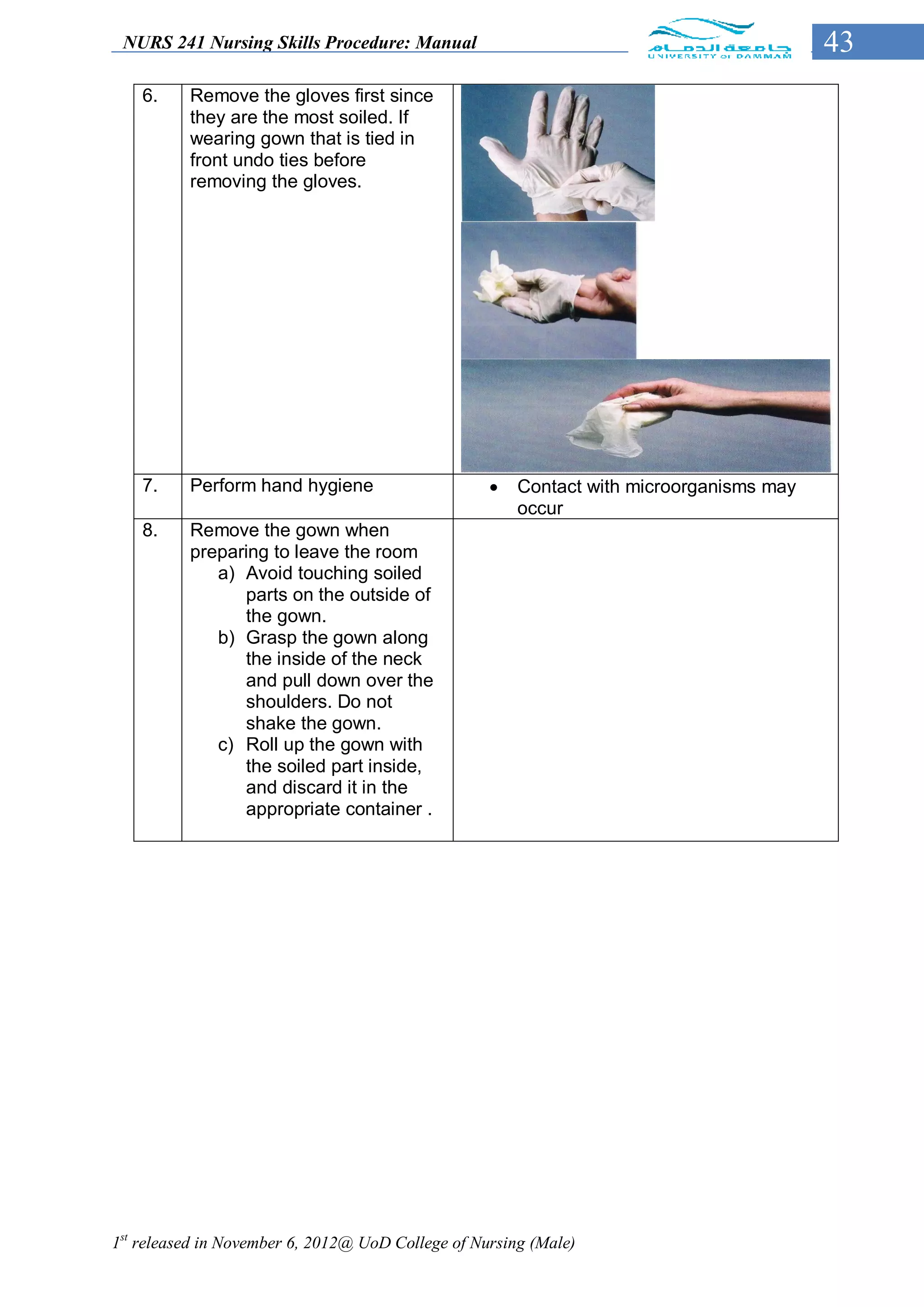 NURS 241 Nursing Skills Procedure: Manual                                               43
    6.    Remove the gloves first since
          they are the most soiled. If
          wearing gown that is tied in
          front undo ties before
          removing the gloves.




    7.    Perform hand hygiene                        Contact with microorganisms may
                                                       occur
    8.    Remove the gown when
          preparing to leave the room
             a) Avoid touching soiled
                parts on the outside of
                the gown.
             b) Grasp the gown along
                the inside of the neck
                and pull down over the
                shoulders. Do not
                shake the gown.
             c) Roll up the gown with
                the soiled part inside,
                and discard it in the
                appropriate container .




1st released in November 6, 2012@ UoD College of Nursing (Male)
 