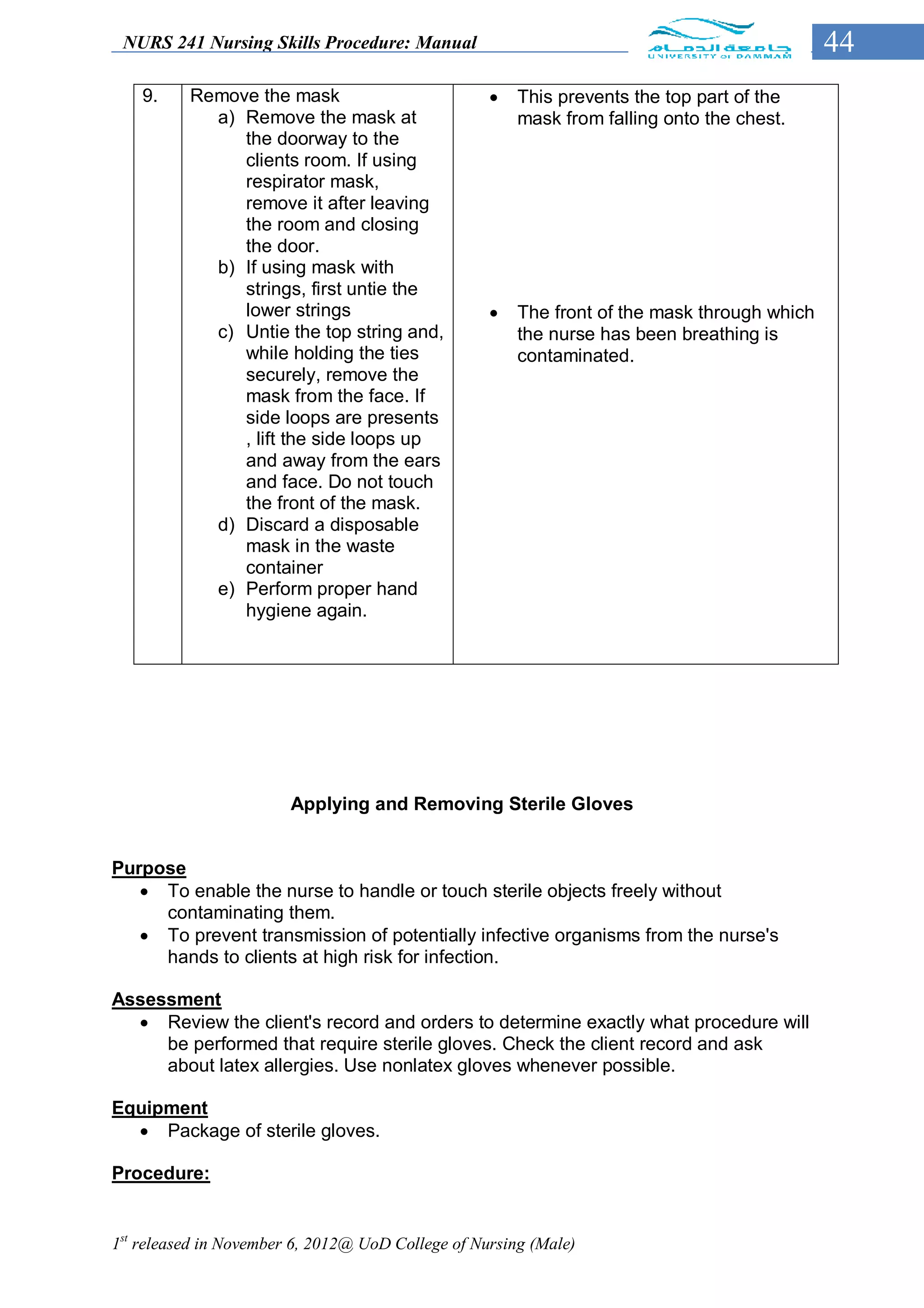 NURS 241 Nursing Skills Procedure: Manual                                                   44
    9.    Remove the mask                             This prevents the top part of the
            a) Remove the mask at                      mask from falling onto the chest.
               the doorway to the
               clients room. If using
               respirator mask,
               remove it after leaving
               the room and closing
               the door.
            b) If using mask with
               strings, first untie the
               lower strings                          The front of the mask through which
            c) Untie the top string and,               the nurse has been breathing is
               while holding the ties                  contaminated.
               securely, remove the
               mask from the face. If
               side loops are presents
               , lift the side loops up
               and away from the ears
               and face. Do not touch
               the front of the mask.
            d) Discard a disposable
               mask in the waste
               container
            e) Perform proper hand
               hygiene again.




                        Applying and Removing Sterile Gloves


Purpose
    To enable the nurse to handle or touch sterile objects freely without
     contaminating them.
    To prevent transmission of potentially infective organisms from the nurse's
     hands to clients at high risk for infection.

Assessment
   Review the client's record and orders to determine exactly what procedure will
     be performed that require sterile gloves. Check the client record and ask
     about latex allergies. Use nonlatex gloves whenever possible.

Equipment
   Package of sterile gloves.

Procedure:


1st released in November 6, 2012@ UoD College of Nursing (Male)
 
