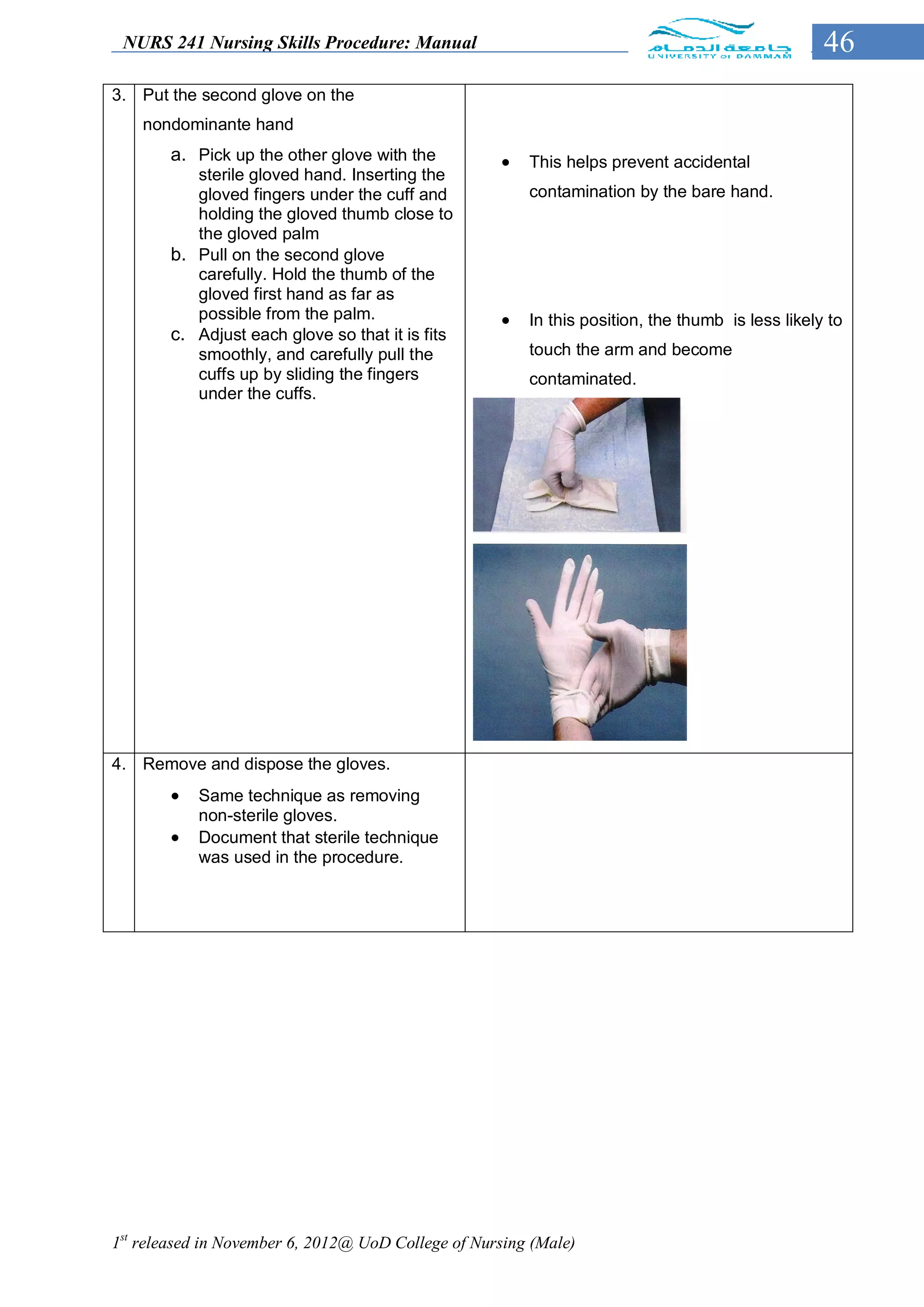 NURS 241 Nursing Skills Procedure: Manual                                                        46
3. Put the second glove on the
    nondominante hand
        a. Pick up the other glove with the            This helps prevent accidental
           sterile gloved hand. Inserting the
           gloved fingers under the cuff and            contamination by the bare hand.
           holding the gloved thumb close to
           the gloved palm
        b. Pull on the second glove
           carefully. Hold the thumb of the
           gloved first hand as far as
           possible from the palm.                     In this position, the thumb is less likely to
        c. Adjust each glove so that it is fits
           smoothly, and carefully pull the             touch the arm and become
           cuffs up by sliding the fingers              contaminated.
           under the cuffs.




4. Remove and dispose the gloves.
           Same technique as removing
            non-sterile gloves.
           Document that sterile technique
            was used in the procedure.




1st released in November 6, 2012@ UoD College of Nursing (Male)
 