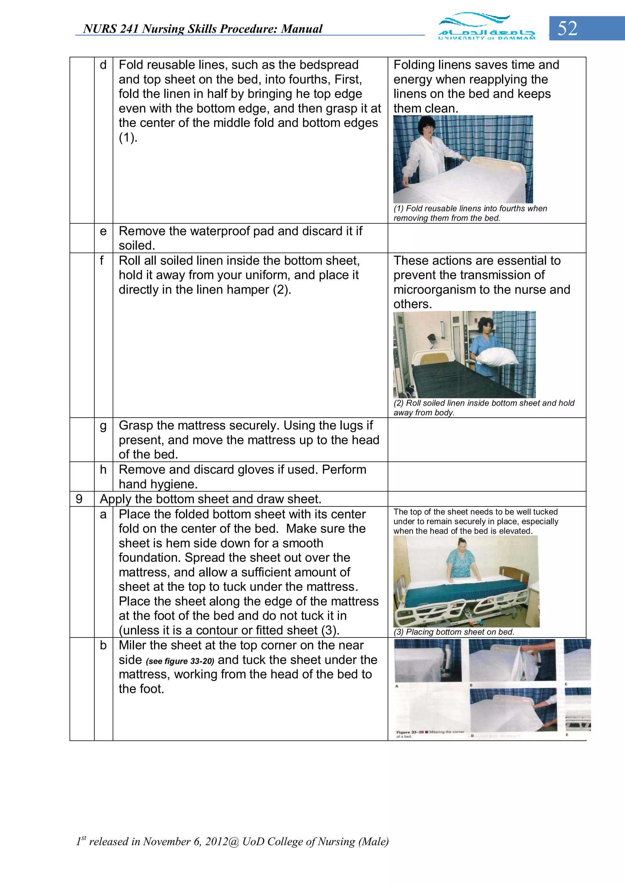 NURS 241 Nursing Skills Procedure: Manual                                                                  52
      d Fold reusable lines, such as the bedspread                Folding linens saves time and
        and top sheet on the bed, into fourths, First,            energy when reapplying the
        fold the linen in half by bringing he top edge            linens on the bed and keeps
        even with the bottom edge, and then grasp it at           them clean.
        the center of the middle fold and bottom edges
        (1).




                                                                  (1) Fold reusable linens into fourths when
                                                                  removing them from the bed.
      e Remove the waterproof pad and discard it if
        soiled.
      f Roll all soiled linen inside the bottom sheet,            These actions are essential to
        hold it away from your uniform, and place it              prevent the transmission of
        directly in the linen hamper (2).                         microorganism to the nurse and
                                                                  others.




                                                                  (2) Roll soiled linen inside bottom sheet and hold
                                                                  away from body.
      g Grasp the mattress securely. Using the lugs if
         present, and move the mattress up to the head
         of the bed.
      h Remove and discard gloves if used. Perform
         hand hygiene.
9     Apply the bottom sheet and draw sheet.
      a Place the folded bottom sheet with its center             The top of the sheet needs to be well tucked
                                                                  under to remain securely in place, especially
         fold on the center of the bed. Make sure the             when the head of the bed is elevated.
         sheet is hem side down for a smooth
         foundation. Spread the sheet out over the
         mattress, and allow a sufficient amount of
         sheet at the top to tuck under the mattress.
         Place the sheet along the edge of the mattress
         at the foot of the bed and do not tuck it in
         (unless it is a contour or fitted sheet (3).             (3) Placing bottom sheet on bed.
      b Miler the sheet at the top corner on the near
         side (see figure 33-20) and tuck the sheet under the
         mattress, working from the head of the bed to
         the foot.




1st released in November 6, 2012@ UoD College of Nursing (Male)
 