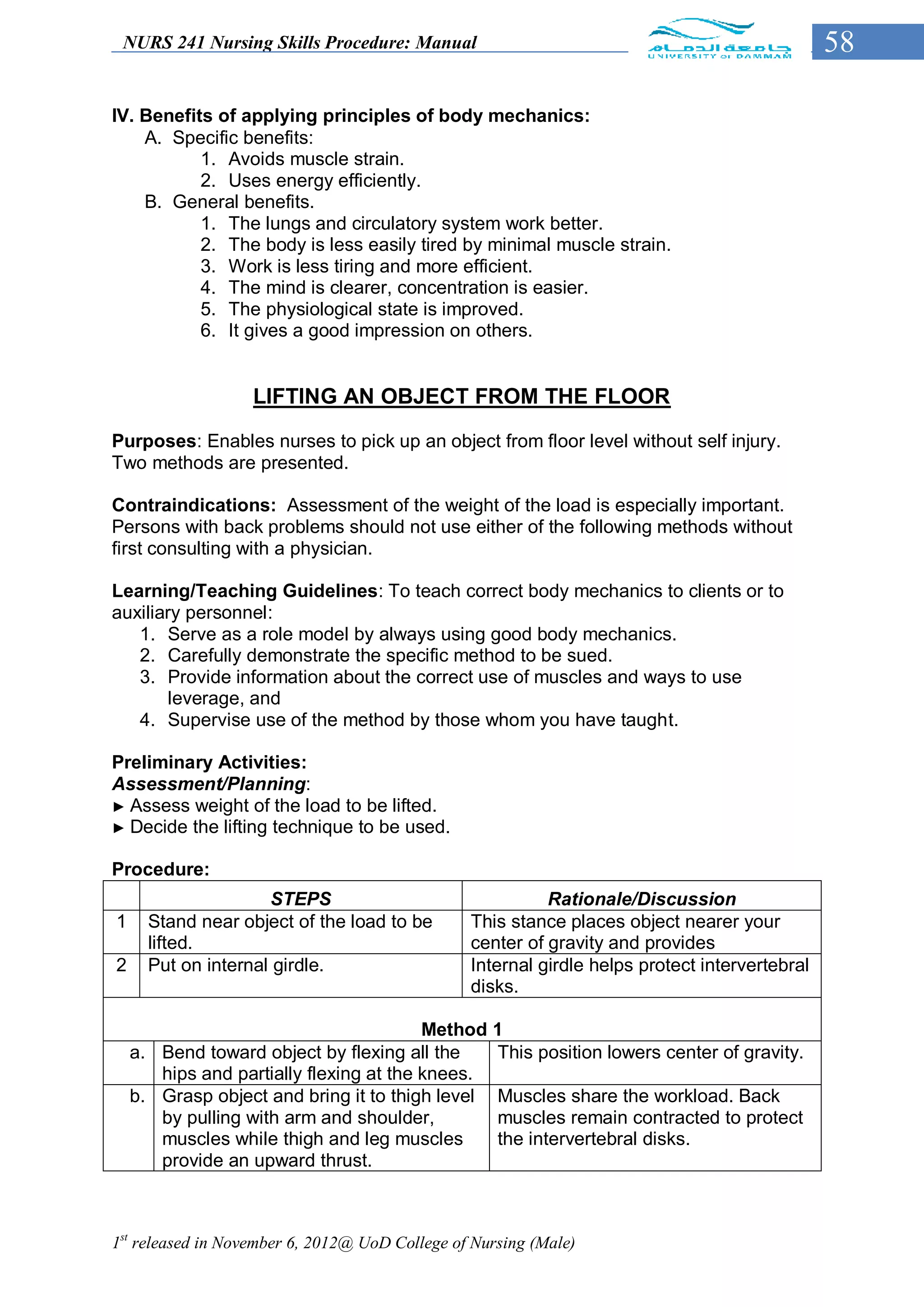 NURS 241 Nursing Skills Procedure: Manual                                                     58

IV. Benefits of applying principles of body mechanics:
    A. Specific benefits:
           1. Avoids muscle strain.
           2. Uses energy efficiently.
    B. General benefits.
           1. The lungs and circulatory system work better.
           2. The body is less easily tired by minimal muscle strain.
           3. Work is less tiring and more efficient.
           4. The mind is clearer, concentration is easier.
           5. The physiological state is improved.
           6. It gives a good impression on others.


                   LIFTING AN OBJECT FROM THE FLOOR

Purposes: Enables nurses to pick up an object from floor level without self injury.
Two methods are presented.

Contraindications: Assessment of the weight of the load is especially important.
Persons with back problems should not use either of the following methods without
first consulting with a physician.

Learning/Teaching Guidelines: To teach correct body mechanics to clients or to
auxiliary personnel:
   1. Serve as a role model by always using good body mechanics.
   2. Carefully demonstrate the specific method to be sued.
   3. Provide information about the correct use of muscles and ways to use
       leverage, and
   4. Supervise use of the method by those whom you have taught.

Preliminary Activities:
Assessment/Planning:
► Assess weight of the load to be lifted.
► Decide the lifting technique to be used.


Procedure:
                     STEPS                                Rationale/Discussion
1     Stand near object of the load to be       This stance places object nearer your
      lifted.                                   center of gravity and provides
2     Put on internal girdle.                   Internal girdle helps protect intervertebral
                                                disks.

                                         Method 1
    a. Bend toward object by flexing all the    This position lowers center of gravity.
       hips and partially flexing at the knees.
    b. Grasp object and bring it to thigh level Muscles share the workload. Back
       by pulling with arm and shoulder,        muscles remain contracted to protect
       muscles while thigh and leg muscles      the intervertebral disks.
       provide an upward thrust.



1st released in November 6, 2012@ UoD College of Nursing (Male)
 