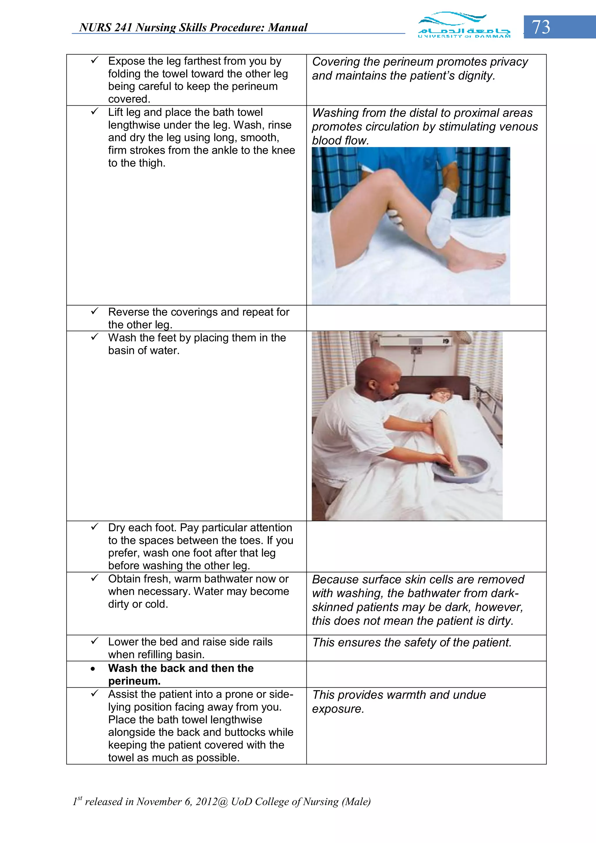 NURS 241 Nursing Skills Procedure: Manual                                                   73
    Expose the leg farthest from you by          Covering the perineum promotes privacy
     folding the towel toward the other leg       and maintains the patient’s dignity.
     being careful to keep the perineum
     covered.
    Lift leg and place the bath towel            Washing from the distal to proximal areas
     lengthwise under the leg. Wash, rinse        promotes circulation by stimulating venous
     and dry the leg using long, smooth,          blood flow.
     firm strokes from the ankle to the knee
     to the thigh.




    Reverse the coverings and repeat for
     the other leg.
    Wash the feet by placing them in the
     basin of water.




    Dry each foot. Pay particular attention
     to the spaces between the toes. If you
     prefer, wash one foot after that leg
     before washing the other leg.
    Obtain fresh, warm bathwater now or          Because surface skin cells are removed
     when necessary. Water may become             with washing, the bathwater from dark-
     dirty or cold.                               skinned patients may be dark, however,
                                                  this does not mean the patient is dirty.
    Lower the bed and raise side rails           This ensures the safety of the patient.
     when refilling basin.
    Wash the back and then the
     perineum.
    Assist the patient into a prone or side-     This provides warmth and undue
     lying position facing away from you.         exposure.
     Place the bath towel lengthwise
     alongside the back and buttocks while
     keeping the patient covered with the
     towel as much as possible.


1st released in November 6, 2012@ UoD College of Nursing (Male)
 