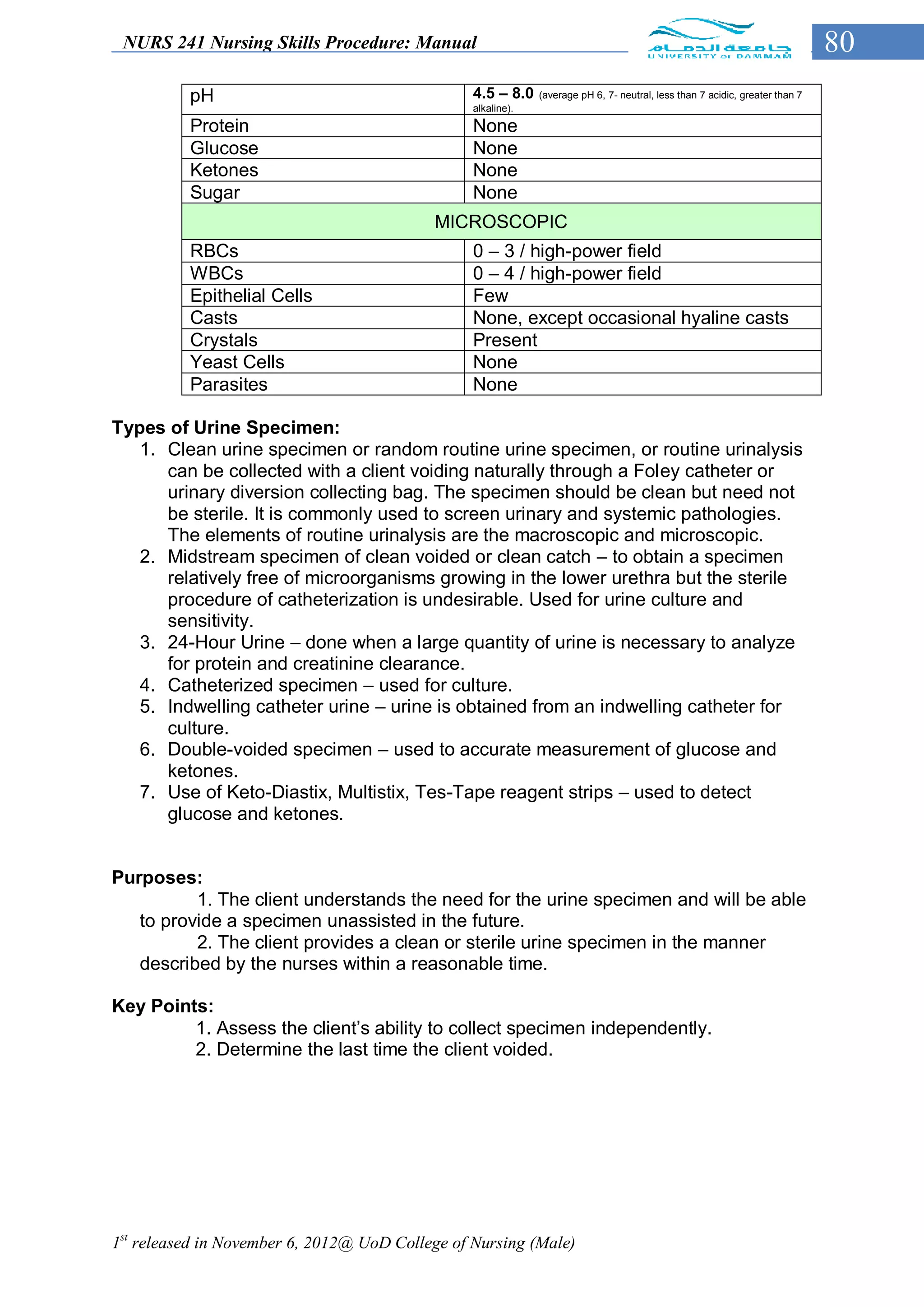NURS 241 Nursing Skills Procedure: Manual                                                                                    80
          pH                                     4.5 – 8.0    (average pH 6, 7- neutral, less than 7 acidic, greater than 7
                                                 alkaline).

          Protein                                None
          Glucose                                None
          Ketones                                None
          Sugar                                  None
                                           MICROSCOPIC
          RBCs                                   0 – 3 / high-power field
          WBCs                                   0 – 4 / high-power field
          Epithelial Cells                       Few
          Casts                                  None, except occasional hyaline casts
          Crystals                               Present
          Yeast Cells                            None
          Parasites                              None

Types of Urine Specimen:
   1. Clean urine specimen or random routine urine specimen, or routine urinalysis
      can be collected with a client voiding naturally through a Foley catheter or
      urinary diversion collecting bag. The specimen should be clean but need not
      be sterile. It is commonly used to screen urinary and systemic pathologies.
      The elements of routine urinalysis are the macroscopic and microscopic.
   2. Midstream specimen of clean voided or clean catch – to obtain a specimen
      relatively free of microorganisms growing in the lower urethra but the sterile
      procedure of catheterization is undesirable. Used for urine culture and
      sensitivity.
   3. 24-Hour Urine – done when a large quantity of urine is necessary to analyze
      for protein and creatinine clearance.
   4. Catheterized specimen – used for culture.
   5. Indwelling catheter urine – urine is obtained from an indwelling catheter for
      culture.
   6. Double-voided specimen – used to accurate measurement of glucose and
      ketones.
   7. Use of Keto-Diastix, Multistix, Tes-Tape reagent strips – used to detect
      glucose and ketones.


Purposes:
          1. The client understands the need for the urine specimen and will be able
   to provide a specimen unassisted in the future.
          2. The client provides a clean or sterile urine specimen in the manner
   described by the nurses within a reasonable time.

Key Points:
         1. Assess the client’s ability to collect specimen independently.
         2. Determine the last time the client voided.




1st released in November 6, 2012@ UoD College of Nursing (Male)
 