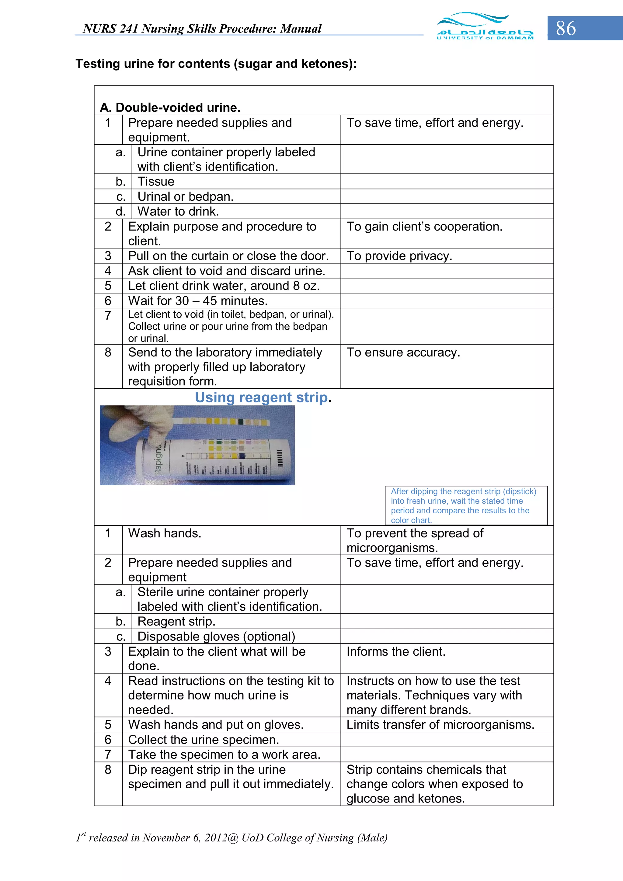 NURS 241 Nursing Skills Procedure: Manual                                                                     86
Testing urine for contents (sugar and ketones):


    A. Double-voided urine.
     1 Prepare needed supplies and                        To save time, effort and energy.
         equipment.
       a. Urine container properly labeled
           with client’s identification.
       b. Tissue
       c. Urinal or bedpan.
       d. Water to drink.
     2 Explain purpose and procedure to                   To gain client’s cooperation.
         client.
     3 Pull on the curtain or close the door. To provide privacy.
     4 Ask client to void and discard urine.
     5 Let client drink water, around 8 oz.
     6 Wait for 30 – 45 minutes.
     7 Let client to void (in toilet, bedpan, or urinal).
           Collect urine or pour urine from the bedpan
           or urinal.
     8     Send to the laboratory immediately            To ensure accuracy.
           with properly filled up laboratory
           requisition form.
                         Using reagent strip.




                                                                  After dipping the reagent strip (dipstick)
                                                                  into fresh urine, wait the stated time
                                                                  period and compare the results to the
                                                                  color chart.
     1     Wash hands.                                   To prevent the spread of
                                                         microorganisms.
     2     Prepare needed supplies and                   To save time, effort and energy.
           equipment
         a. Sterile urine container properly
            labeled with client’s identification.
         b. Reagent strip.
         c. Disposable gloves (optional)
     3     Explain to the client what will be            Informs the client.
           done.
     4     Read instructions on the testing kit to       Instructs on how to use the test
           determine how much urine is                   materials. Techniques vary with
           needed.                                       many different brands.
     5     Wash hands and put on gloves.                 Limits transfer of microorganisms.
     6     Collect the urine specimen.
     7     Take the specimen to a work area.
     8     Dip reagent strip in the urine                Strip contains chemicals that
           specimen and pull it out immediately.         change colors when exposed to
                                                         glucose and ketones.


1st released in November 6, 2012@ UoD College of Nursing (Male)
 