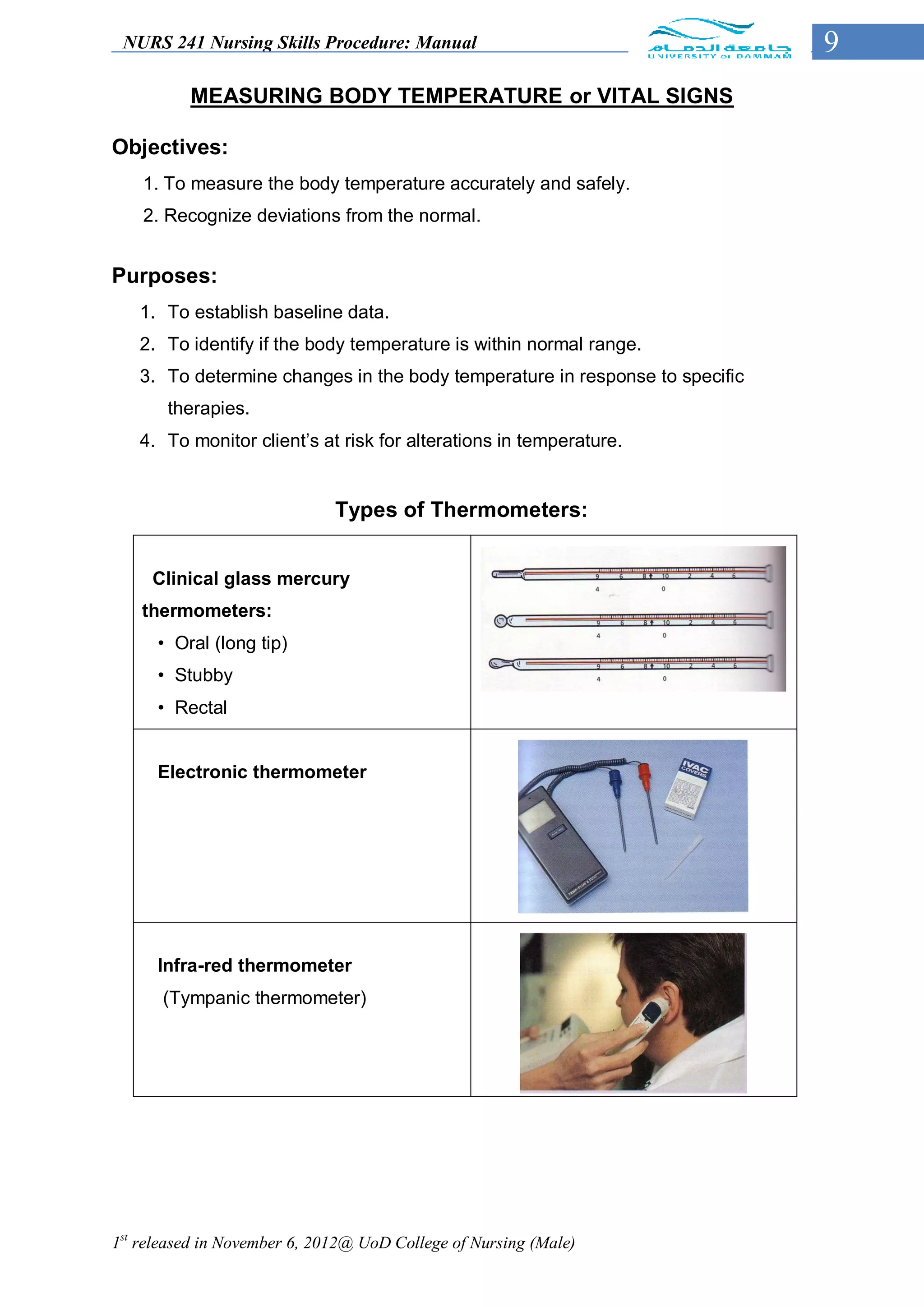 NURS 241 Nursing Skills Procedure: Manual                                   9
          MEASURING BODY TEMPERATURE or VITAL SIGNS

Objectives:
    1. To measure the body temperature accurately and safely.
    2. Recognize deviations from the normal.


Purposes:
   1. To establish baseline data.
   2. To identify if the body temperature is within normal range.
   3. To determine changes in the body temperature in response to specific
       therapies.
   4. To monitor client’s at risk for alterations in temperature.


                              Types of Thermometers:


     Clinical glass mercury
    thermometers:
      • Oral (long tip)
      • Stubby
      • Rectal


      Electronic thermometer




      Infra-red thermometer
      (Tympanic thermometer)




1st released in November 6, 2012@ UoD College of Nursing (Male)
 