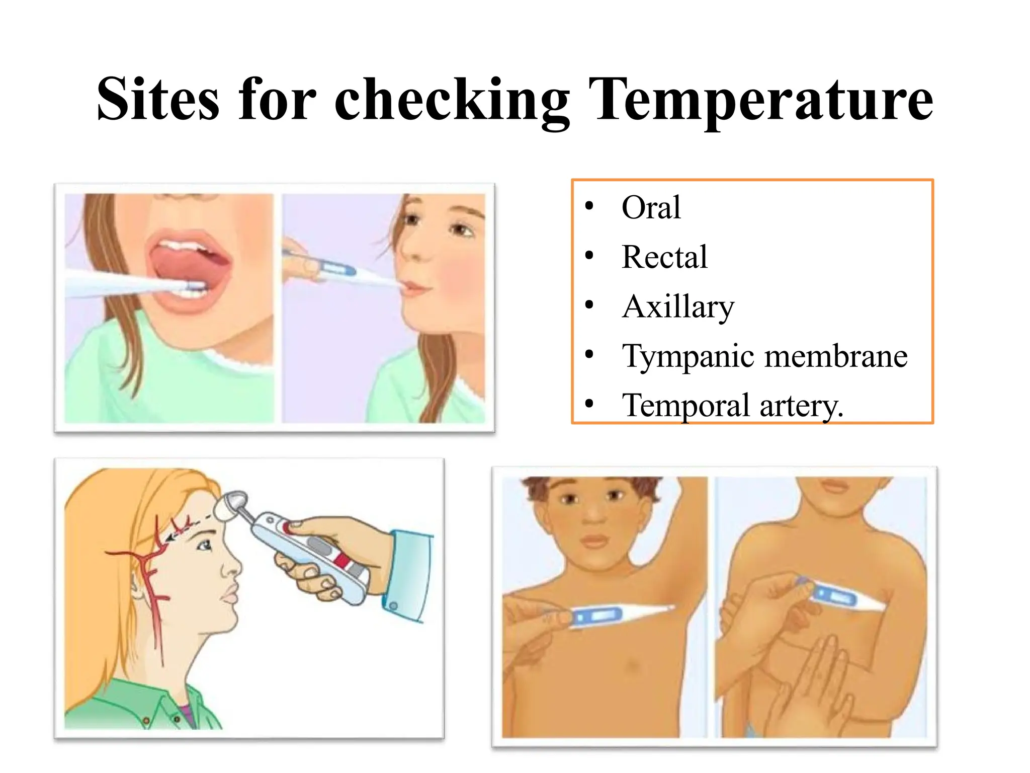 Sites for checking Temperature
• Oral
• Rectal
• Axillary
• Tympanic membrane
• Temporal artery.
 