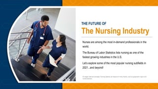 The Nursing Industry
Nurses are among the most in-demand professionals in the
world.
The Bureau of Labor Statistics lists nursing as one of the
fastest growing industries in the U.S.
Let’s explore some of the most popular nursing subfields in
2021...and beyond!
THE FUTURE OF
All wages cited are averages. Nursing salaries can depend on many factors, such as geographic region and
current demand.
 