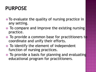  To

evaluate the quality of nursing practice in
any setting.
 To compare and improve the existing nursing
practice.
 To provide a common base for practitioners to
coordinate and unify their efforts.
 To identify the element of independent
function of nursing practices.
 To provide a basis for planning and evaluating
educational program for practitioners.

 