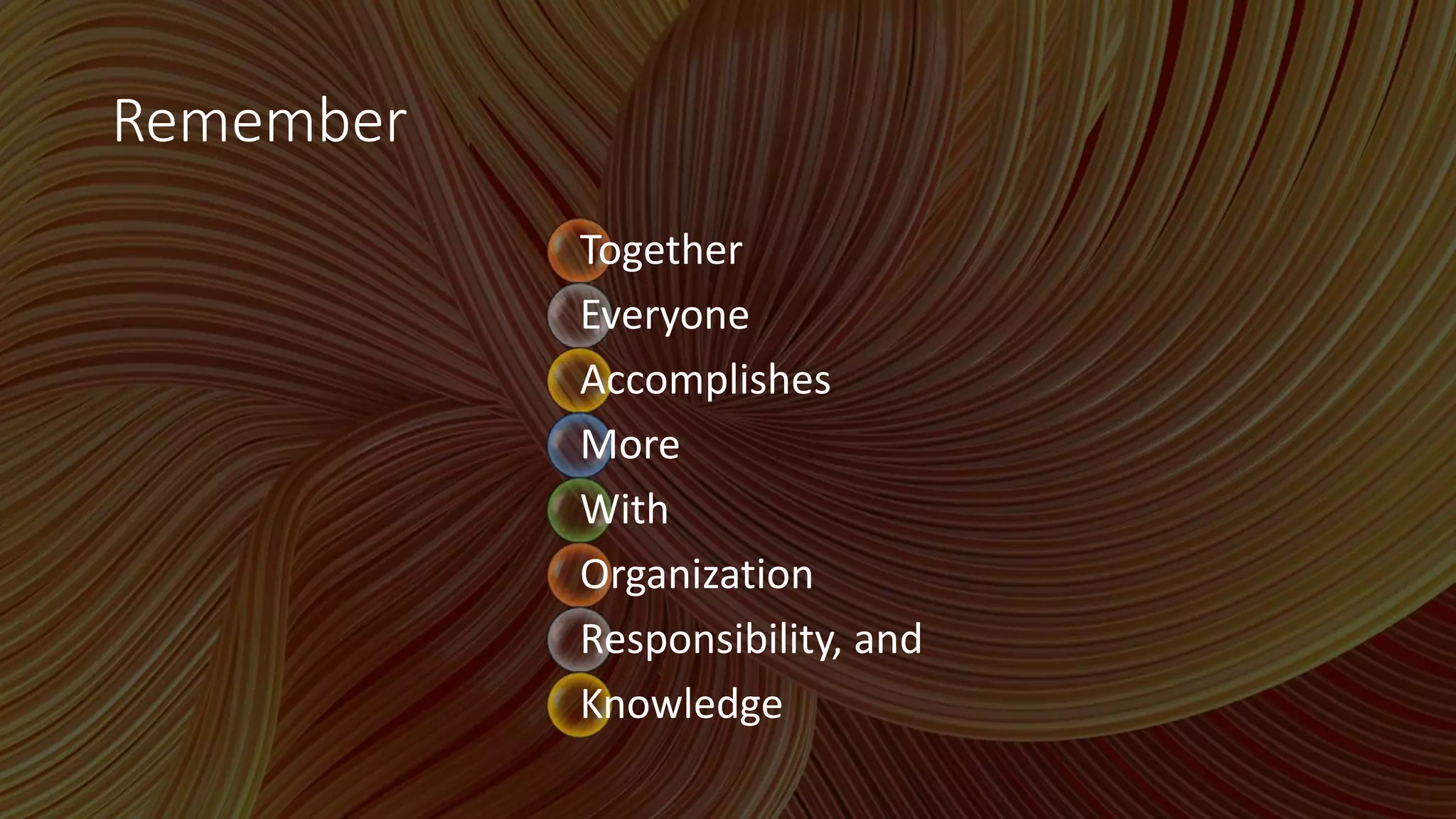 Remember
Together
Everyone
Accomplishes
More
With
Organization
Responsibility, and
Knowledge
 