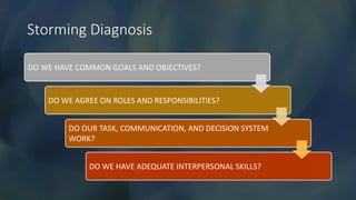 Storming Diagnosis
DO WE HAVE COMMON GOALS AND OBJECTIVES?
DO WE AGREE ON ROLES AND RESPONSIBILITIES?
DO OUR TASK, COMMUNICATION, AND DECISION SYSTEM
WORK?
DO WE HAVE ADEQUATE INTERPERSONAL SKILLS?
 