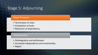 Stage 5: Adjourning
• Termination of roles.
• Completion of tasks.
• Reduction of dependency.
Major Processes
• Disintegration and withdrawal.
• Increased independence and emotionality.
• Regret
Characteristics:
 