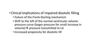 •Clinical implications of impaired diastolic filling
• Failure of the Frank-Starling mechanism
• Shift to the left of the normal ventricular volume-
pressure curve (larger pressure for small increase in
volume) pressure transmitted to LA
• Increased propensity for diastolic HF
 