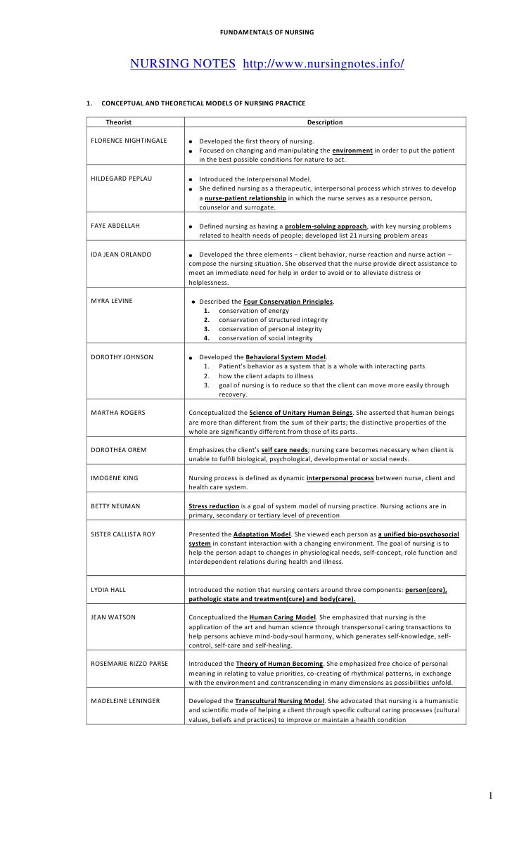 Different Theories And Models Of Care Used