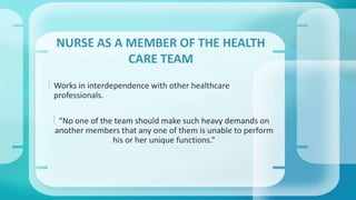 NURSE AS A MEMBER OF THE HEALTH 
CARE TEAM 
 Works in interdependence with other healthcare 
professionals. 
 “No one of the team should make such heavy demands on 
another members that any one of them is unable to perform 
his or her unique functions.” 
 