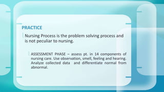 PRACTICE 
 Nursing Process is the problem solving process and 
is not peculiar to nursing. 
 ASSESSMENT PHASE – assess pt. in 14 components of 
nursing care. Use observation, smell, feeling and hearing. 
Analyze collected data and differentiate normal from 
abnormal. 
 