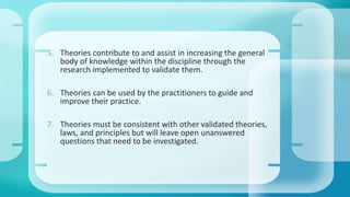 5. Theories contribute to and assist in increasing the general 
body of knowledge within the discipline through the 
research implemented to validate them. 
6. Theories can be used by the practitioners to guide and 
improve their practice. 
7. Theories must be consistent with other validated theories, 
laws, and principles but will leave open unanswered 
questions that need to be investigated. 
 