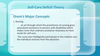 Self-Care Deficit Theory 
Orem’s Major Concepts 
1. Nursing 
 an art through which the practitioner of nursing gives 
specialized assistance to persons with disabilities which 
makes more than ordinary assistance necessary to meet 
needs for self-care. 
 The nurse also intelligently participates in the medical care 
the individual receives from the physician. 
 