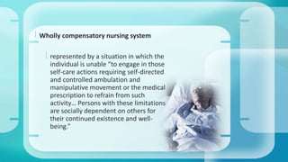  Wholly compensatory nursing system 
 represented by a situation in which the 
individual is unable “to engage in those 
self-care actions requiring self-directed 
and controlled ambulation and 
manipulative movement or the medical 
prescription to refrain from such 
activity… Persons with these limitations 
are socially dependent on others for 
their continued existence and well-being.” 
 