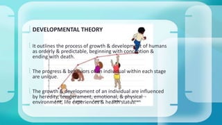  DEVELOPMENTAL THEORY 
 It outlines the process of growth & development of humans 
as orderly & predictable, beginning with conception & 
ending with death. 
 The progress & behaviors of an individual within each stage 
are unique. 
 The growth & development of an individual are influenced 
by heredity, temperament, emotional, & physical 
environment, life experiences & health status. 
 