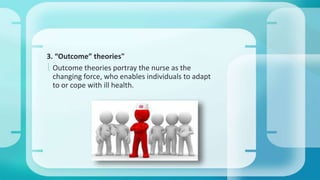 3. “Outcome” theories" 
 Outcome theories portray the nurse as the 
changing force, who enables individuals to adapt 
to or cope with ill health. 
 